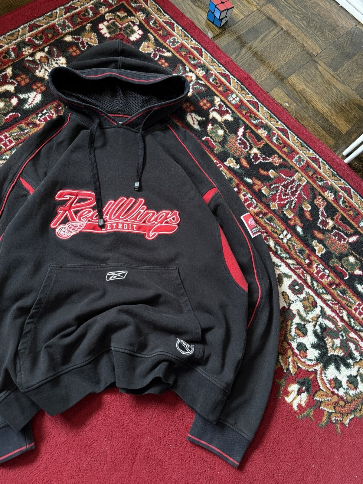 Vintage Detroit Red Wings NHL Reebok Pullover Hoodie Sweatshirt Black Adult L