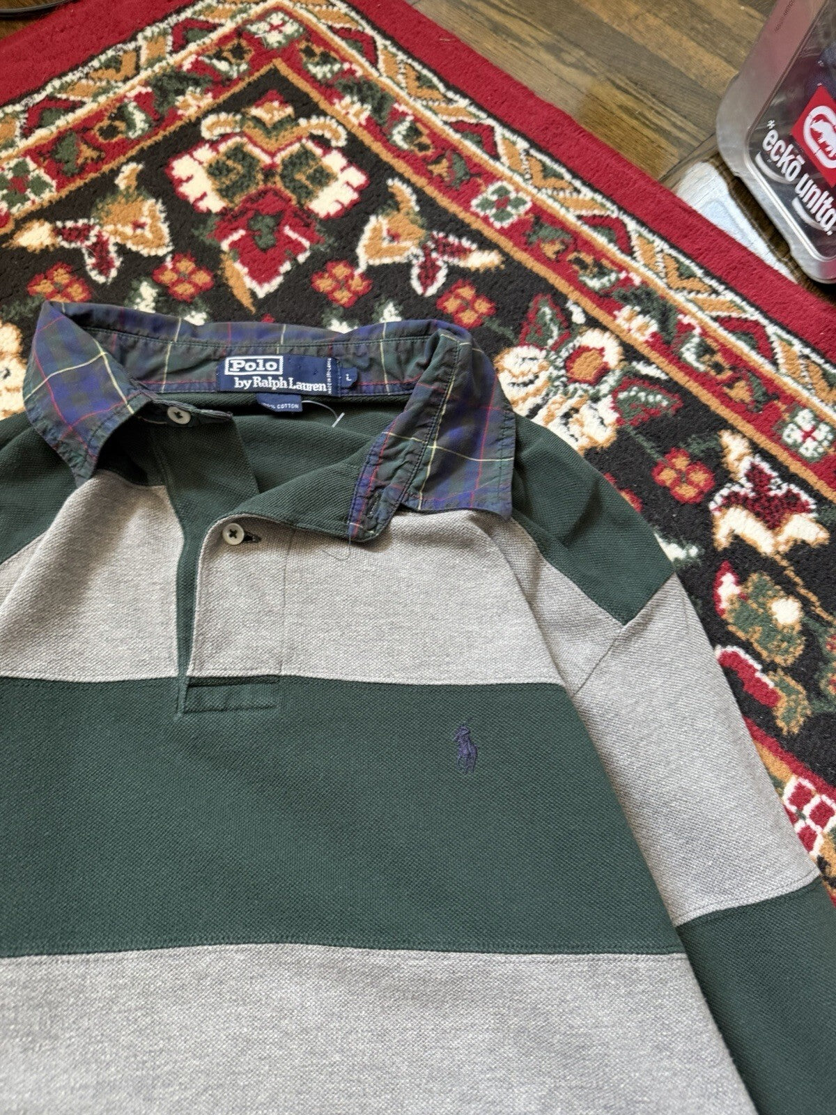 Vintage Polo Ralph Lauren Men Striped Rugby Polo Long Sleeve Green (Sz L)