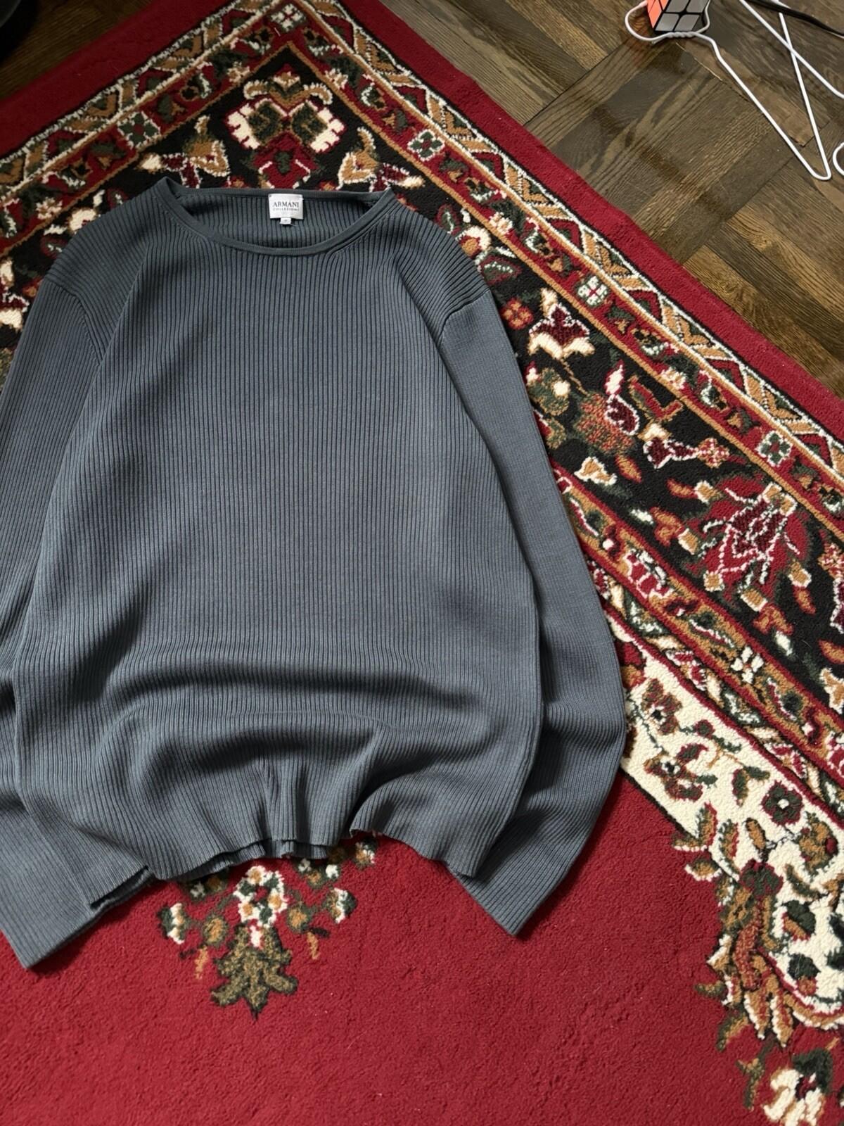 Vintage Armani Collezioni Ribbed Knit Crewneck Blue Sweater Silk Blend Size M