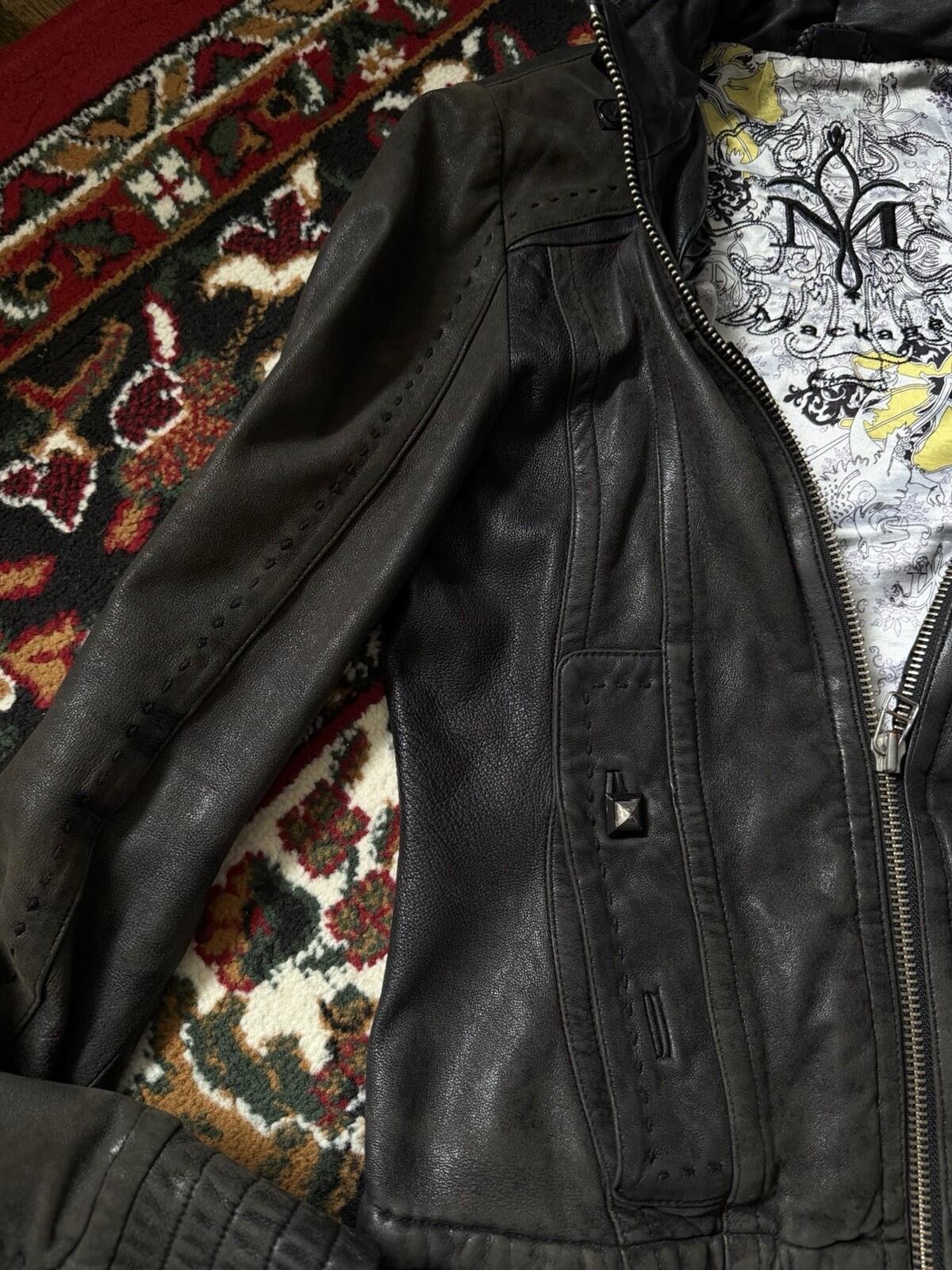 Mackage Buttery Lambskin Leather Jacket Sz XS Brown Vintage Graphic Lining
