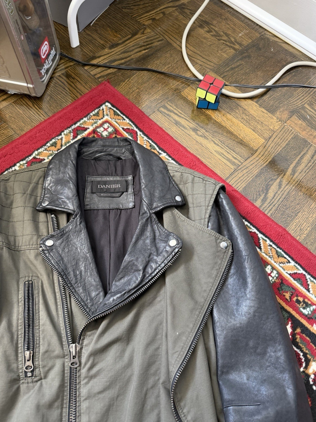 Danier Hybrid Moto Leather Sleeves Asymmetrical Zipper Utility Jacket