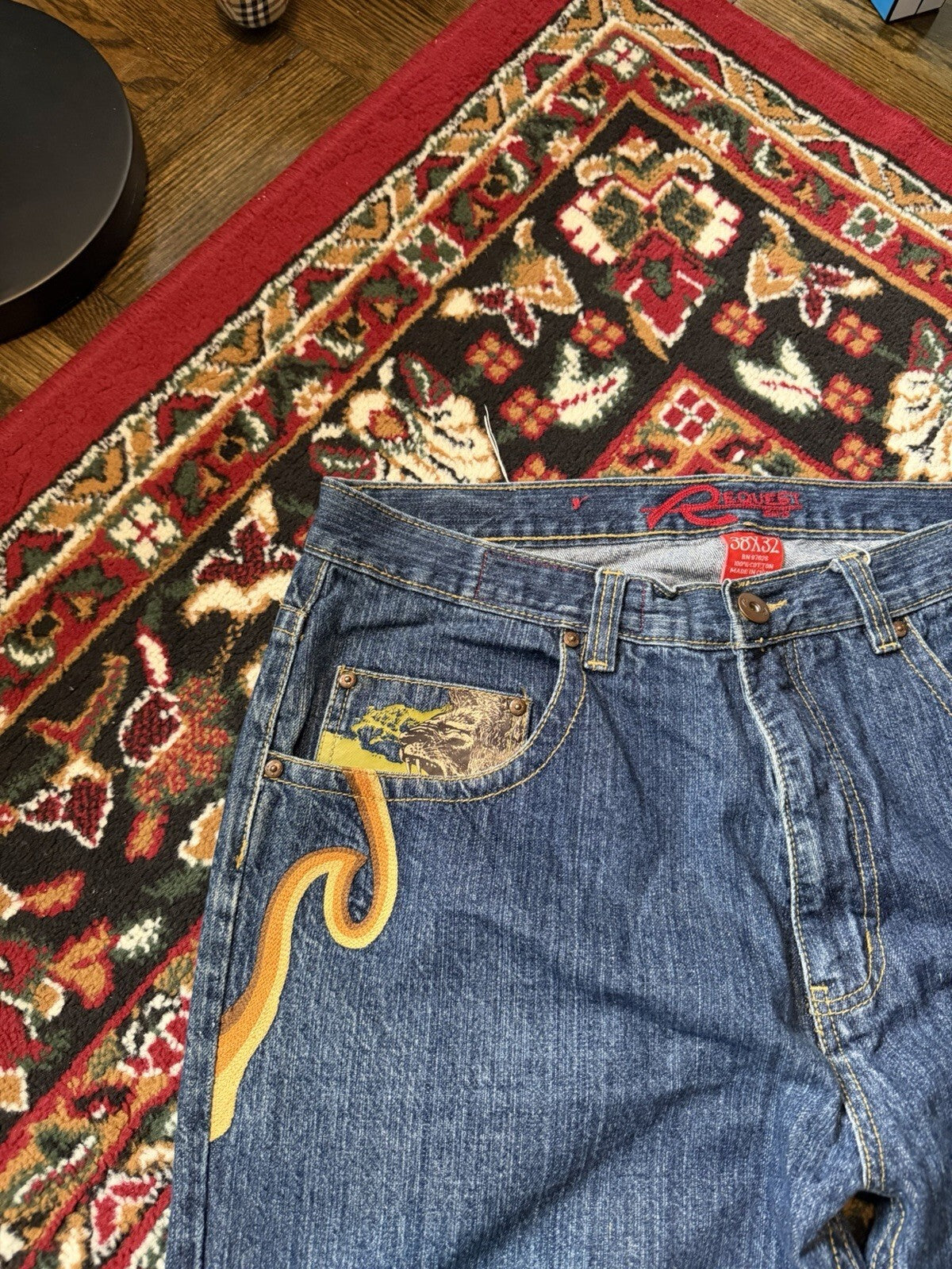 Vintage Request Lion Print Jeans Men 38/32 Blue Denim Embroidered Y2K 90s Skater