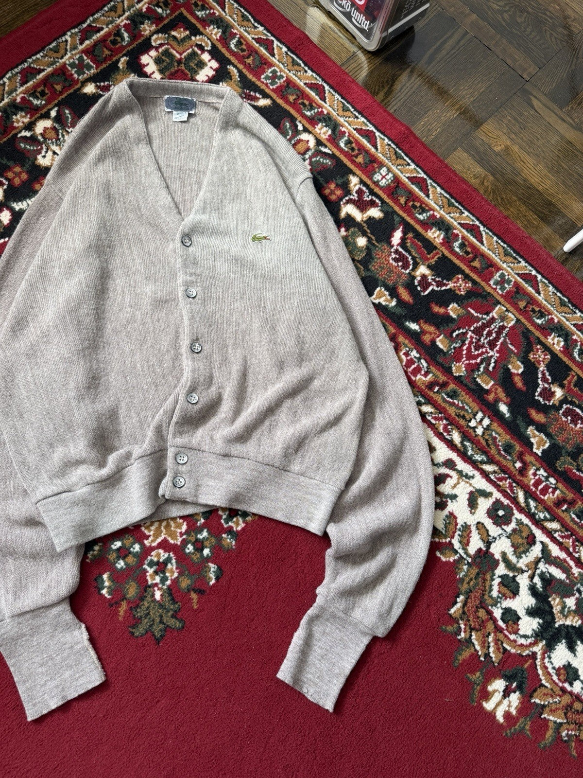Vintage Izod Lacoste Cardigan Sweater Men Medium Gray Acrylic V-Neck USA