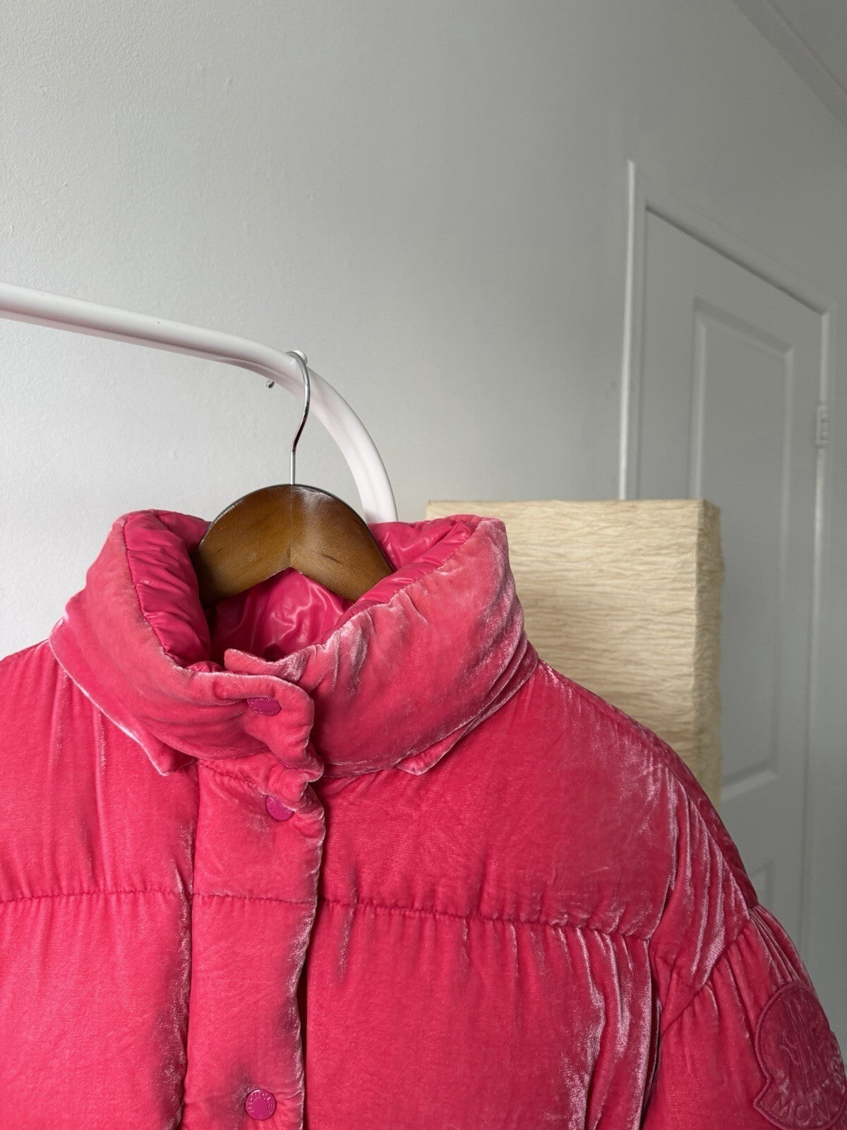 Moncler Fuchsia Caille Velvet Puffer Jacket Coat Womens 0 Pink