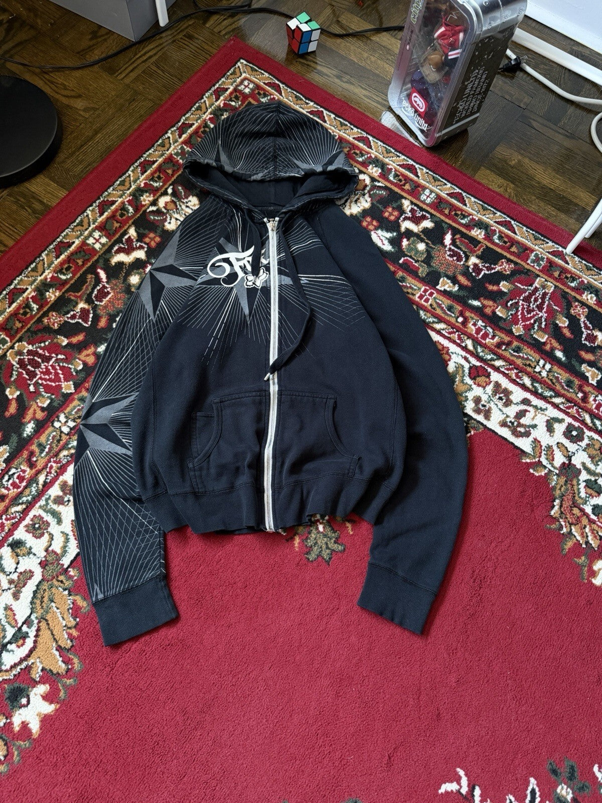 Y2K Fox Vintage All Over Print Grunge Women's XL Black Full-Zip Up Hoodie
