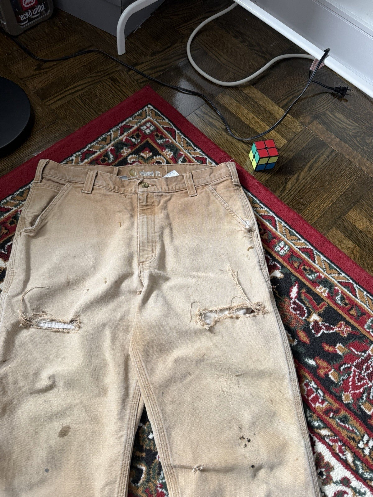 Carhartt Relaxed Fit Single Knee Pants Beige Thrashed Faded Size 36/36 Y2K
