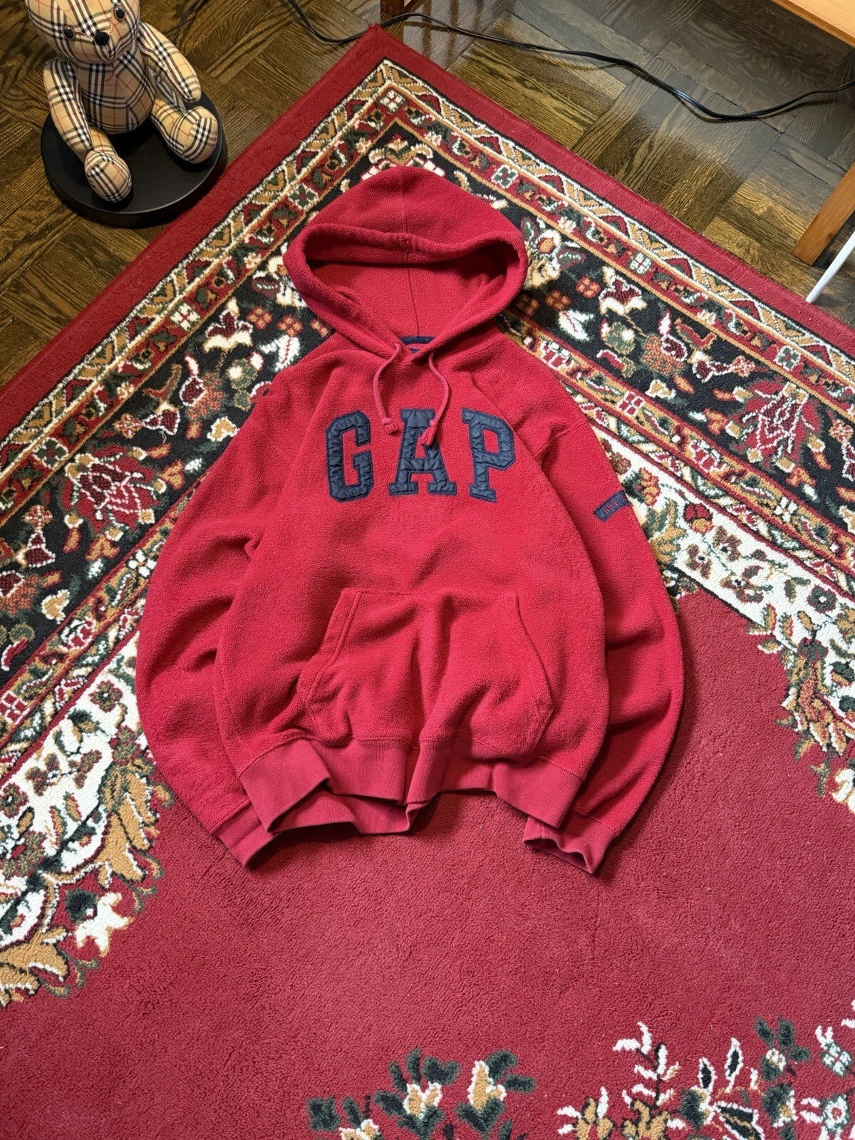 00s Gap Vintage Fleece Hoodie Mens S Y2K Spell Out Red