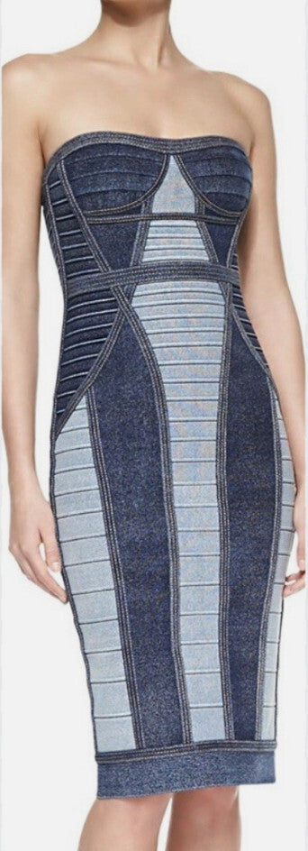 Herve Leger Women's Denim Knit Bodycon Dress Size XS