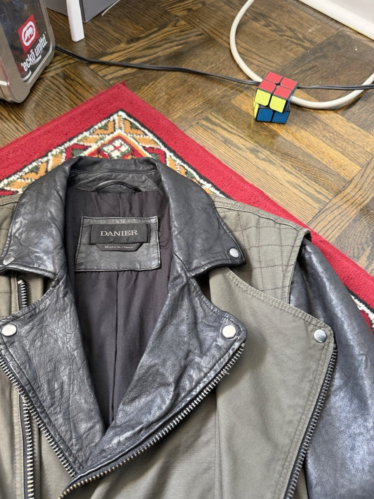 Danier Hybrid Moto Leather Sleeves Asymmetrical Zipper Utility Jacket