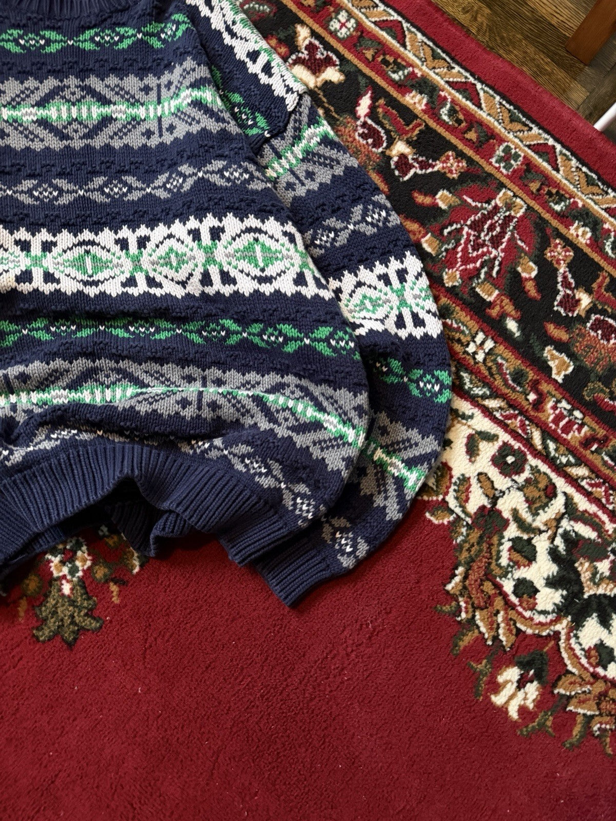 90s Gap Fair Isle Blue Grean Heavy Cotton Knit Sweater Size XL
