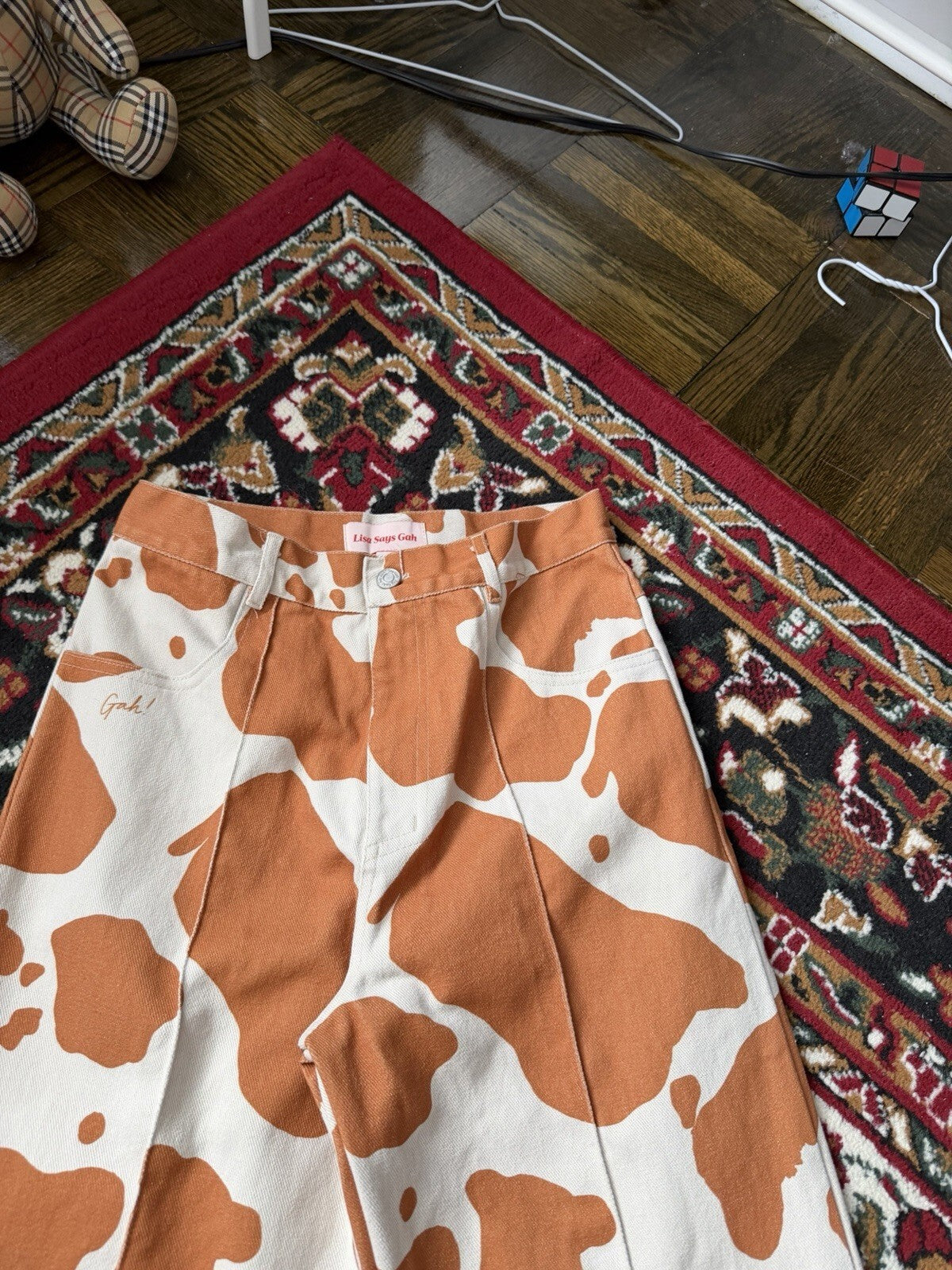 Lisa Says Gah Wide-Leg Jeans Cow Print Orange White 29