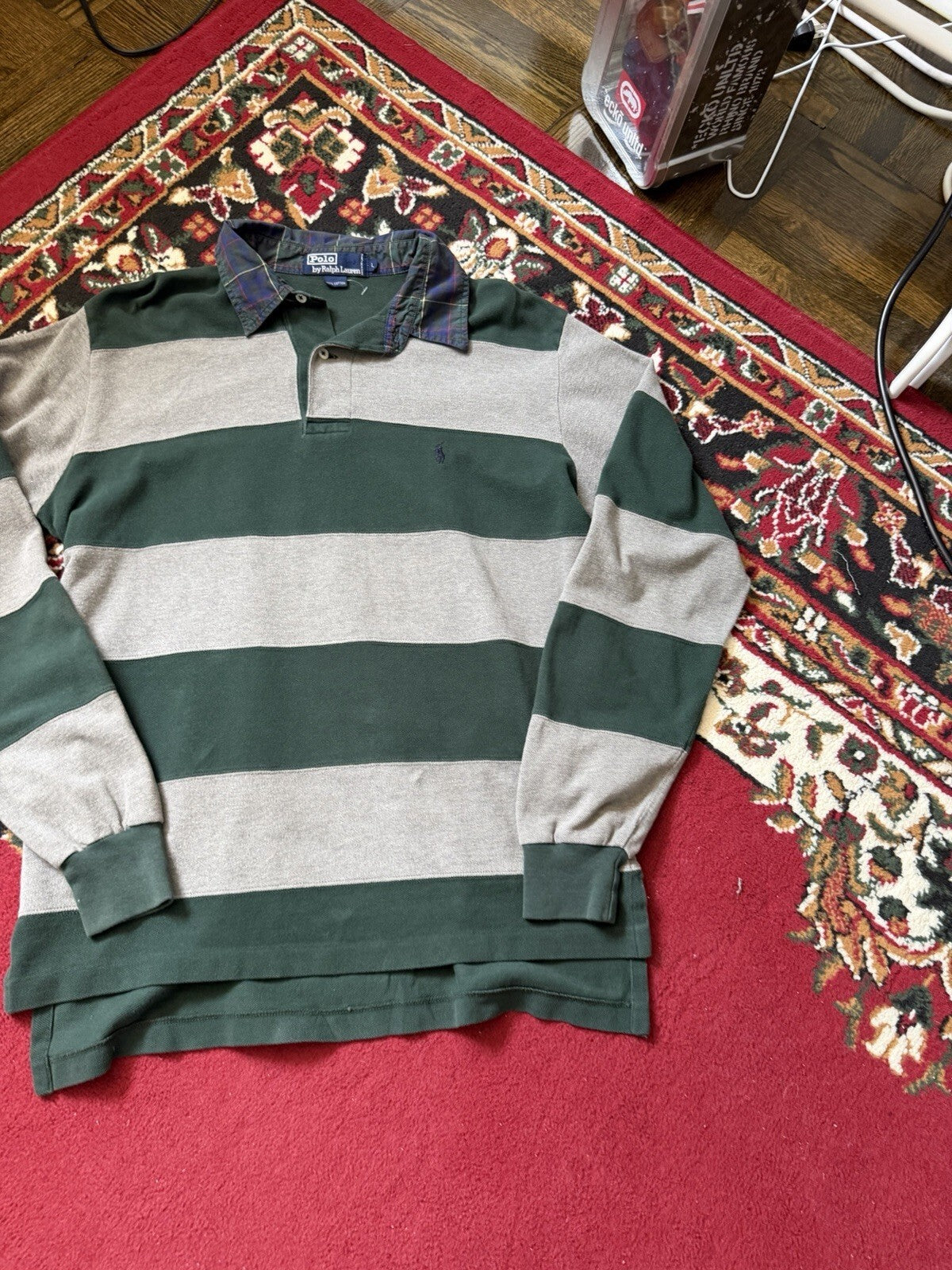 Vintage Polo Ralph Lauren Men Striped Rugby Polo Long Sleeve Green (Sz L)