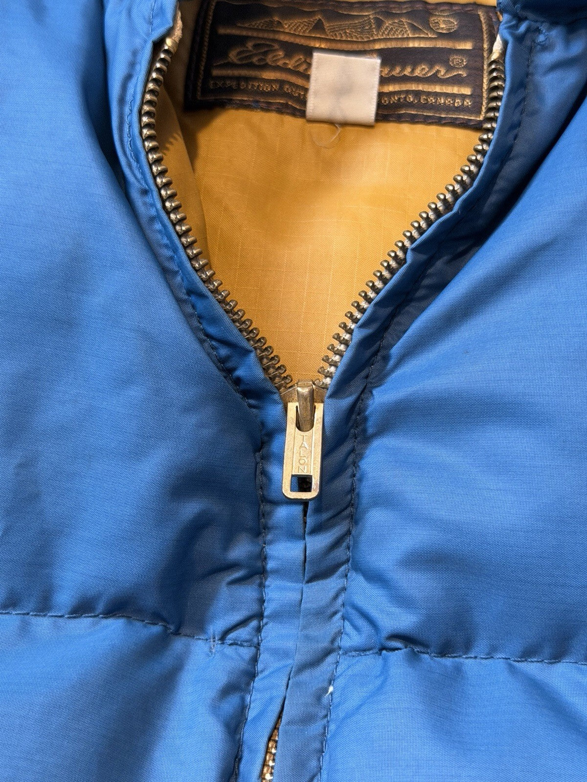 VTG 70s Eddie Bauer Goose Down Puffer Vest Blue Quilted Talon Zip Tan USA M