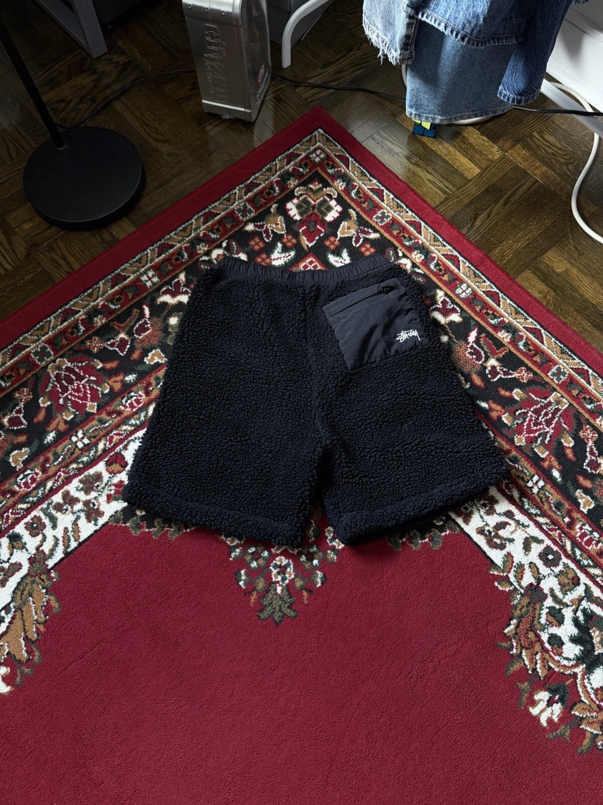Stussy Sherpa Fleece Shorts Black Embroidered Logo Zipper Nylon Pocket