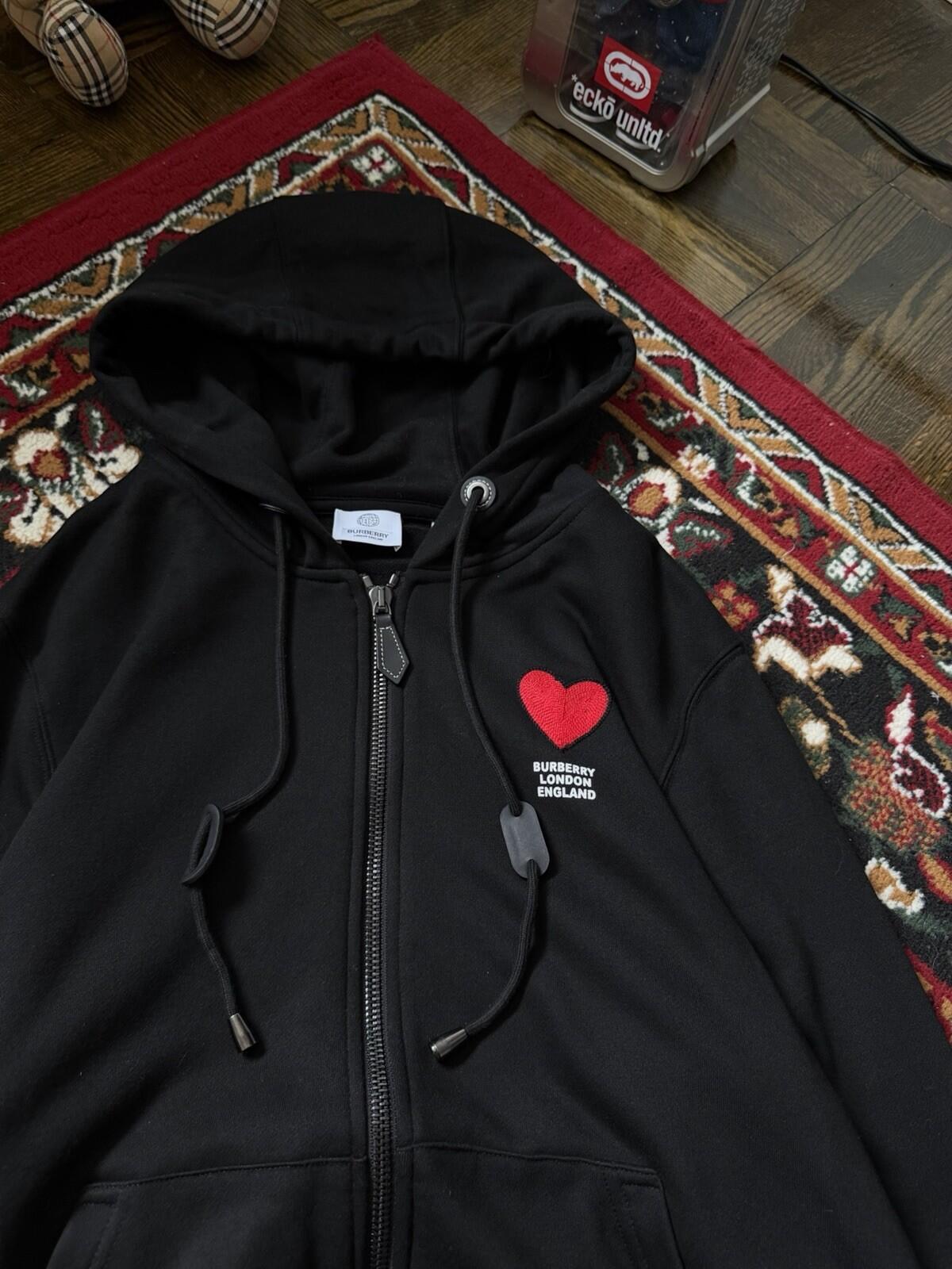 Burberry London Heart Black Full Zip Hoodie Cotton Logo Pockets Size M
