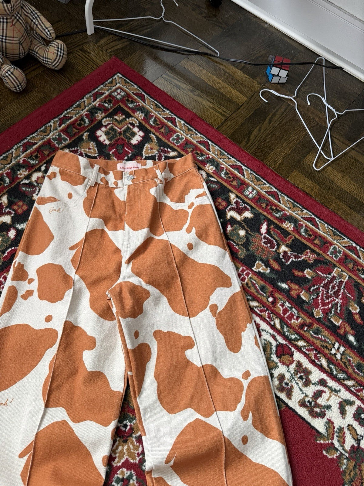 Lisa Says Gah Wide-Leg Jeans Cow Print Orange White 29