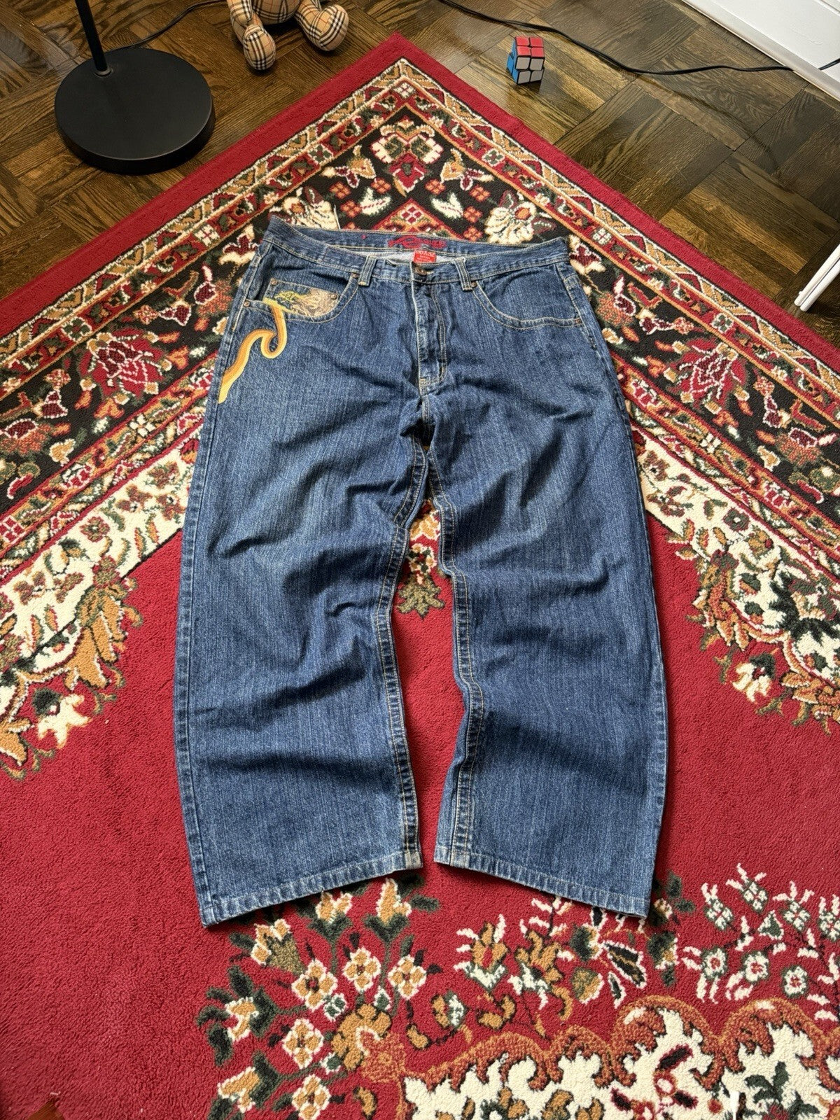 Vintage Request Lion Print Jeans Men 38/32 Blue Denim Embroidered Y2K 90s Skater
