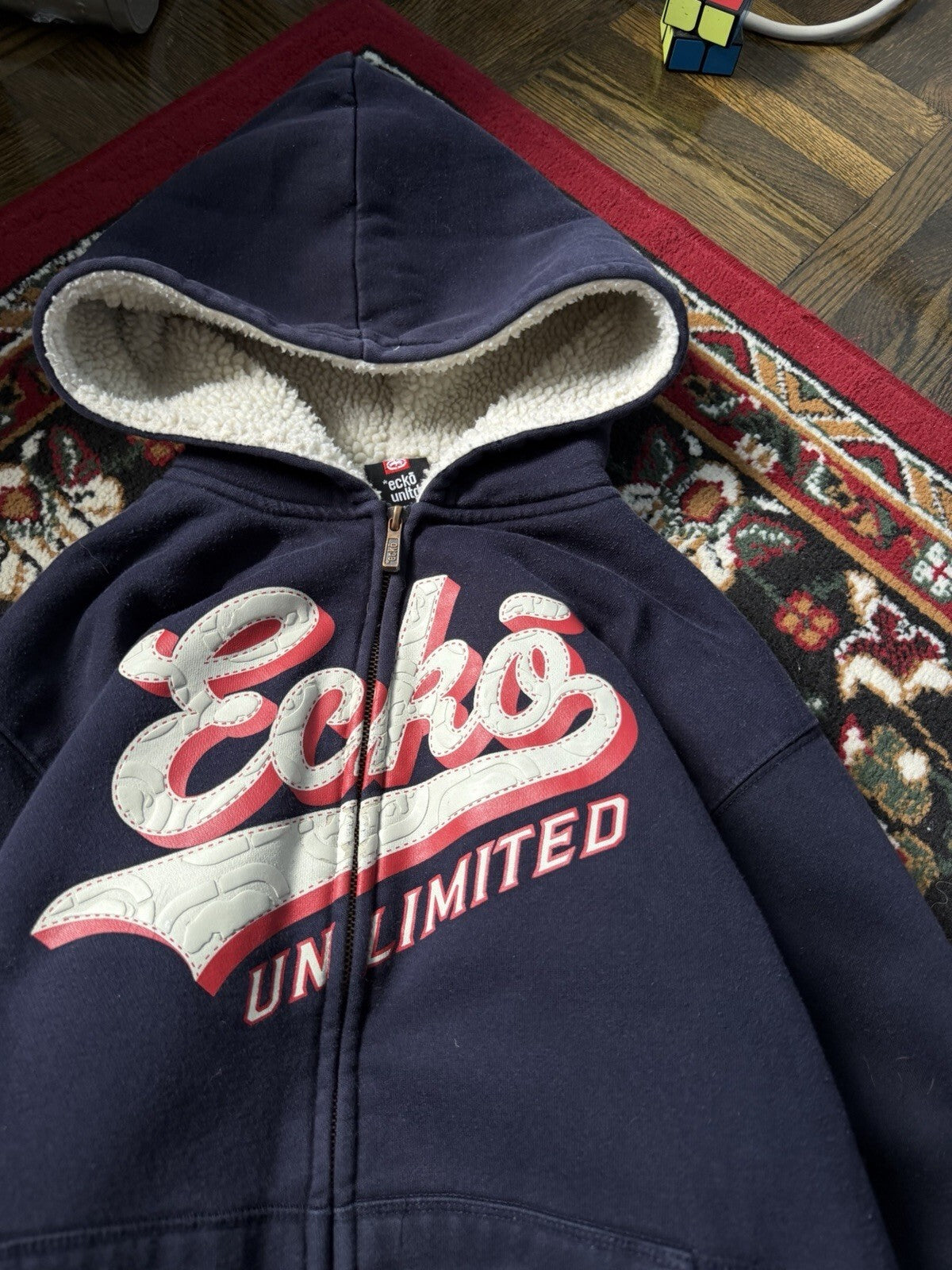 Vintage Ecko Navy Blue Jacket XL Sherpa Fur Lined Hoodie Fleece Y2K Zip AOP