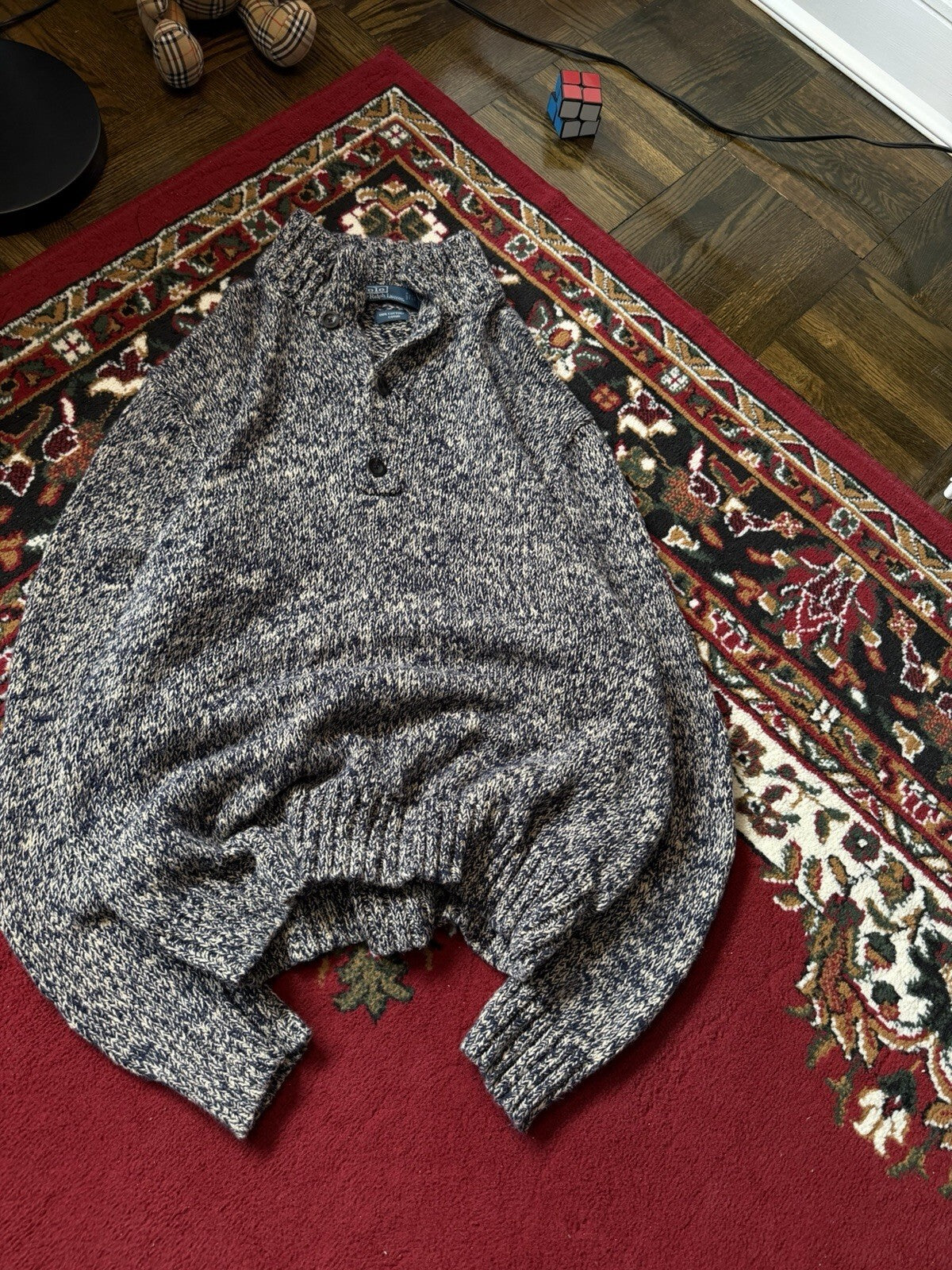 VTG Polo Ralph Lauren Mens Medium Shawl Collar Sweater Marled Blue Chunky Knit