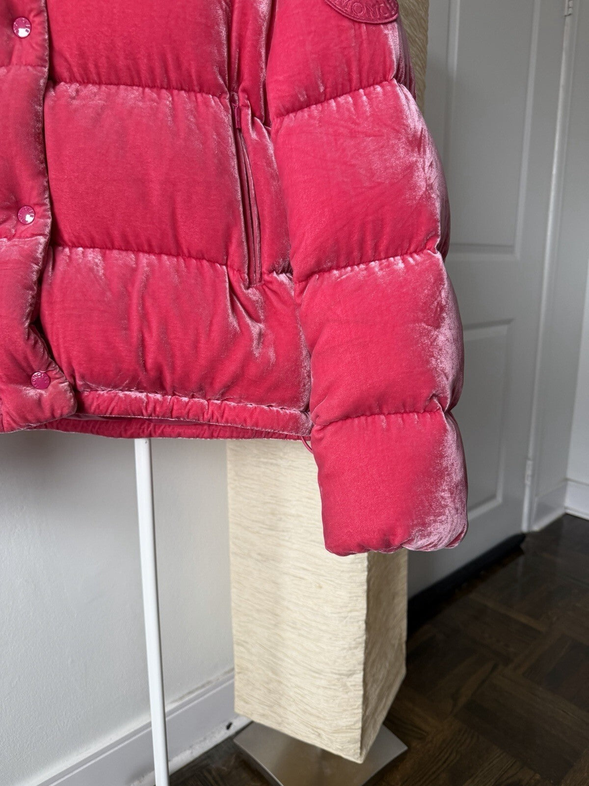 Moncler Fuchsia Caille Velvet Puffer Jacket Coat Womens 0 Pink