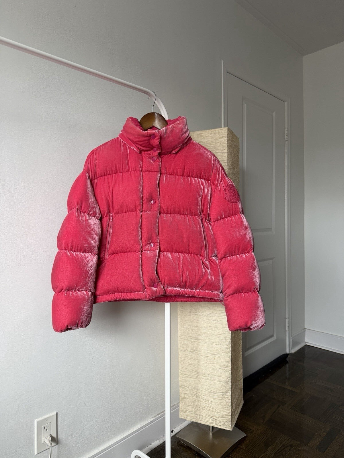 Moncler Fuchsia Caille Velvet Puffer Jacket Coat Womens 0 Pink