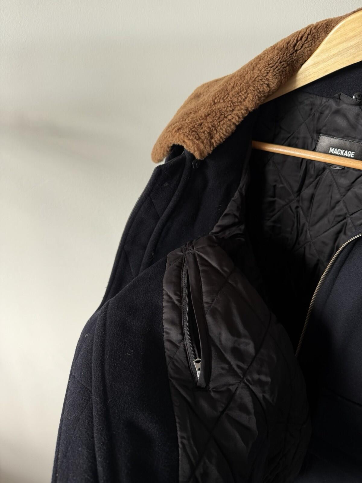 MACKAGE Theo Wool Cashmere Shearling Jacket Real Sheepskin Fur Navy Blue Coat