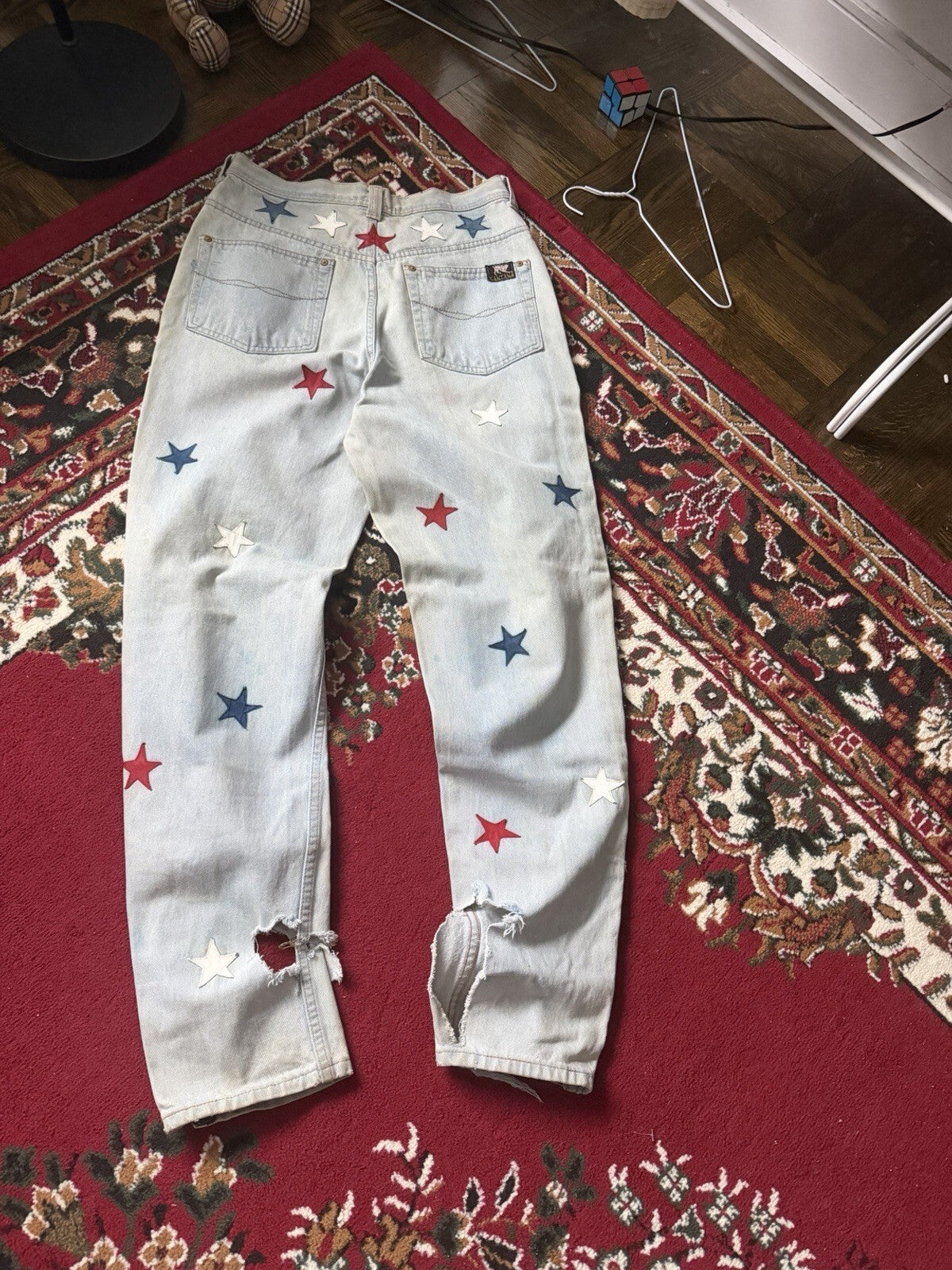 Vintage 90s Parasuco Distressed USA Flag Stars Jeans Light Wash Denim