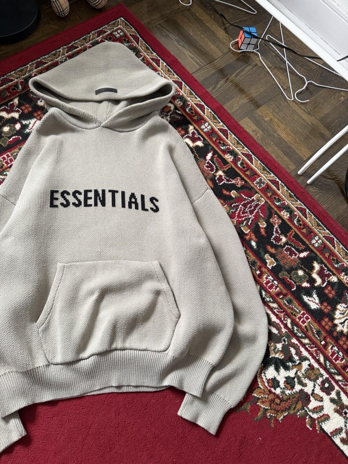 Fear of God Essentials Cream Logo Pullover Hoodie Sweatshirt Knit XL