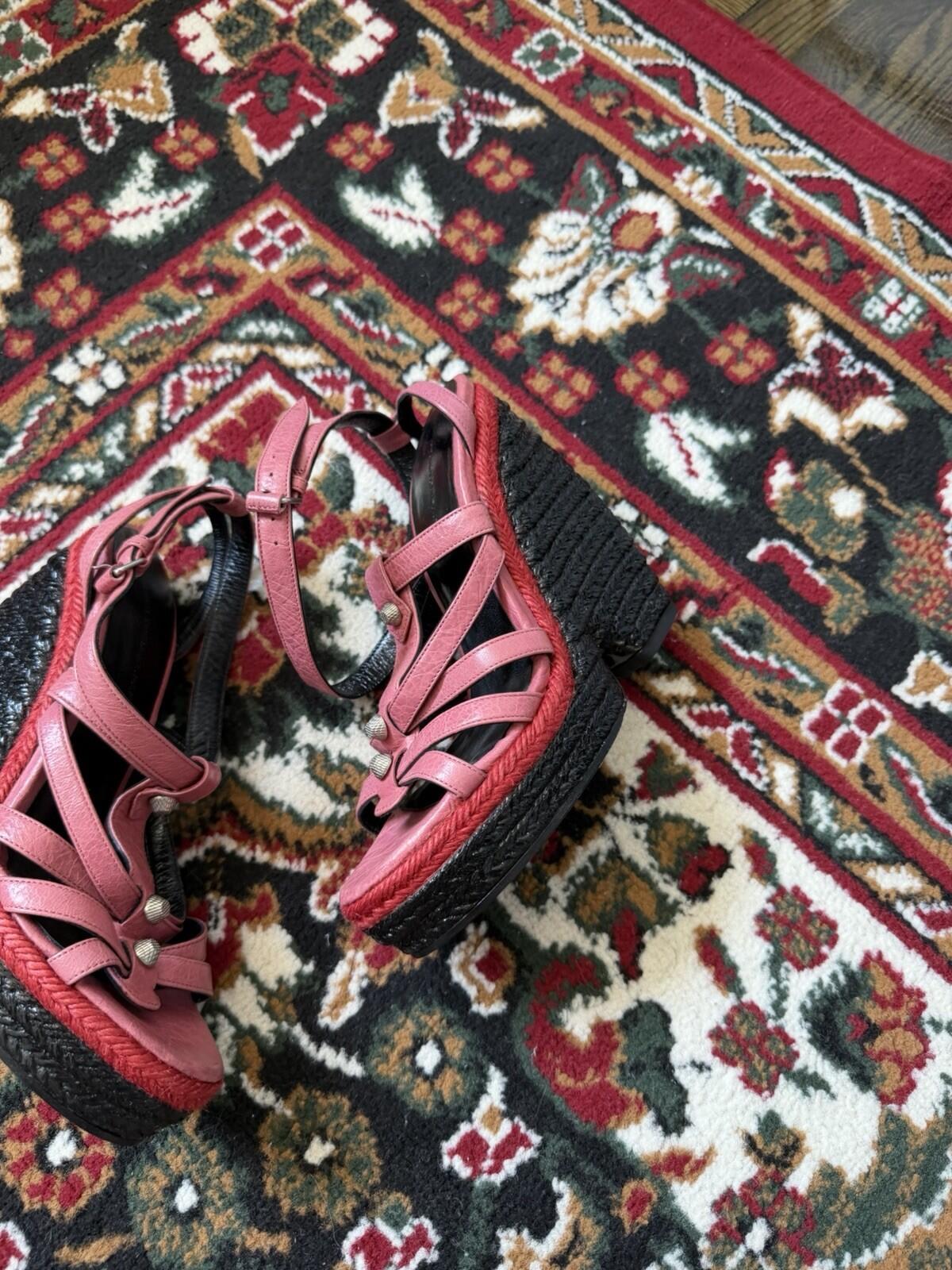 Balenciaga Pink Studded Leather Lacquered Raffia Wedge Platform Sandals Sz.36