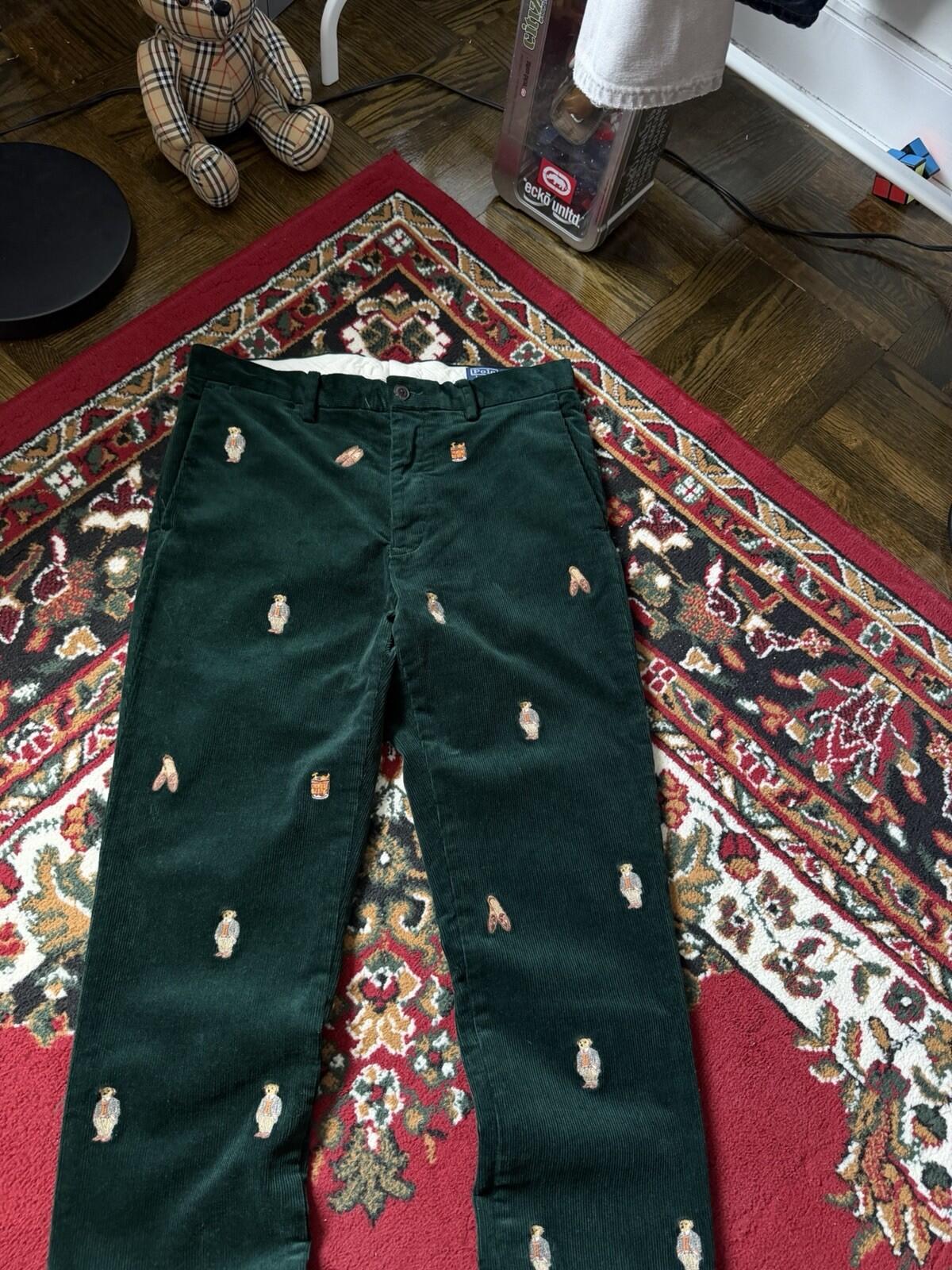Polo Ralph Lauren Bear Slim Green Corduroy Embroidered Pants Size 30/30
