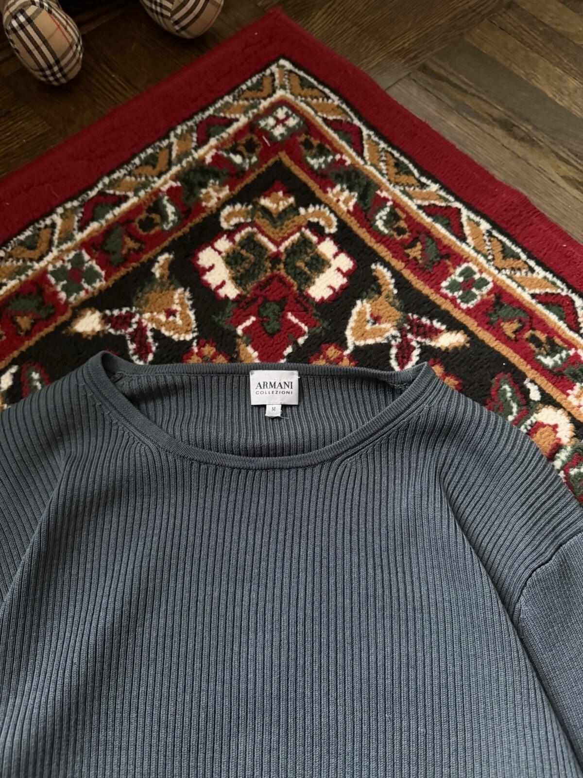 Vintage Armani Collezioni Ribbed Knit Crewneck Blue Sweater Silk Blend Size M