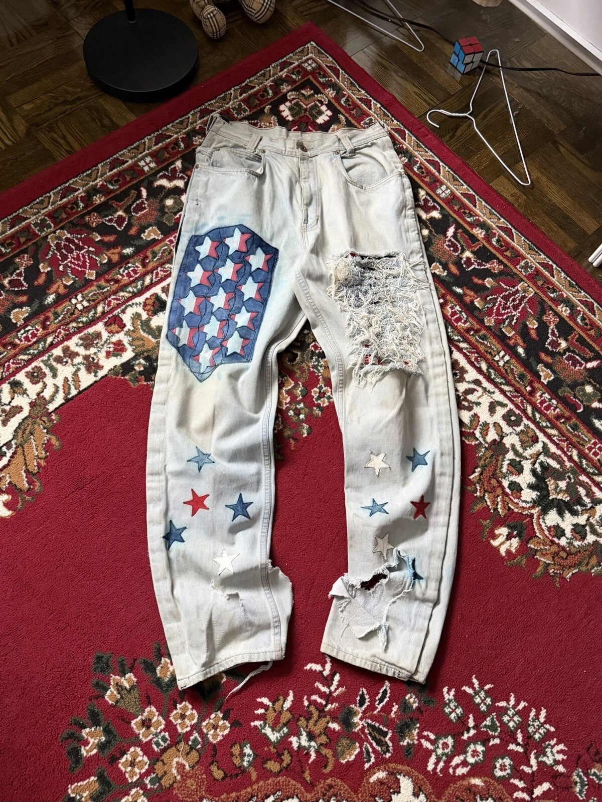 Vintage 90s Parasuco Distressed USA Flag Stars Jeans Light Wash Denim