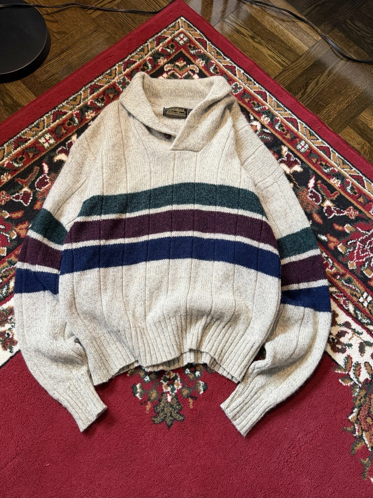 Vintage Eddie Bauer Sweater Mens XL Wool Shawl Collar Made In USA Striped 90s