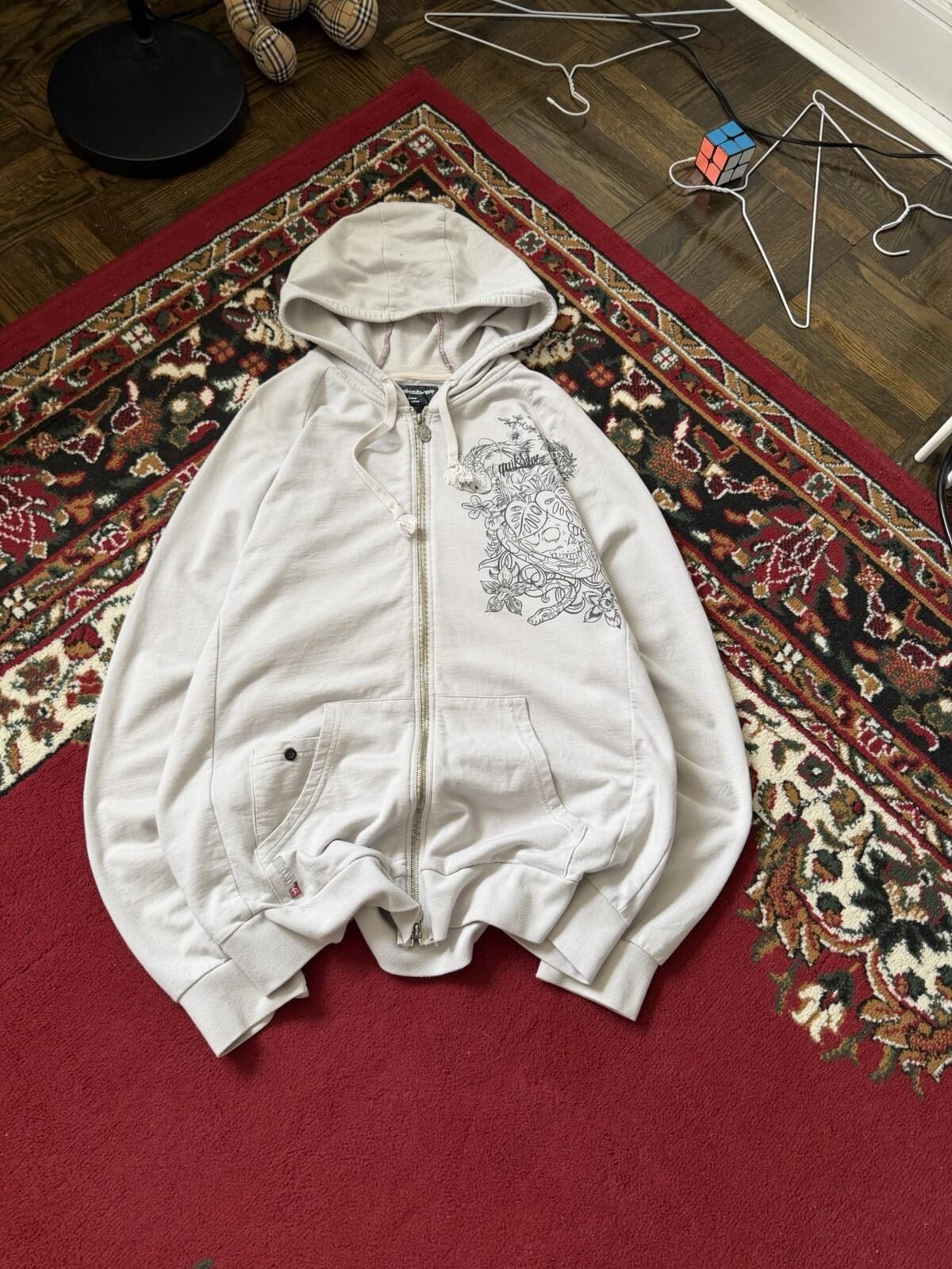 Vintage Quiksilver Skull/Koi Fish Surf Y2K White Hoodie Size Large Rare