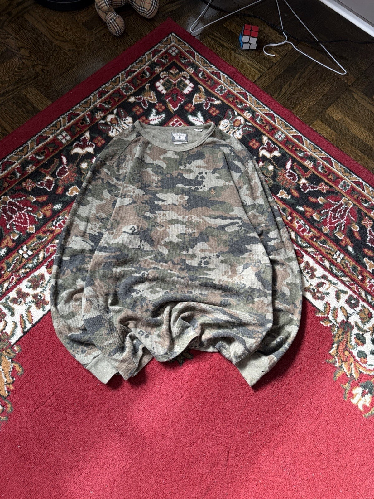 Y2K Volcom Stone Camo Thermal Waffle Knit Vintage Shirt Men L Sweater Skater