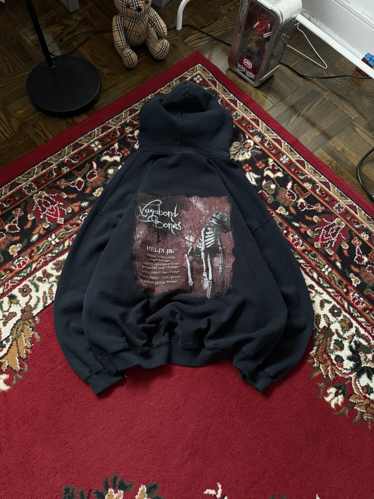 Vintage Vagabond Bones by Helix Skull Blood Band Hoodie Double Sided Gildan 00s
