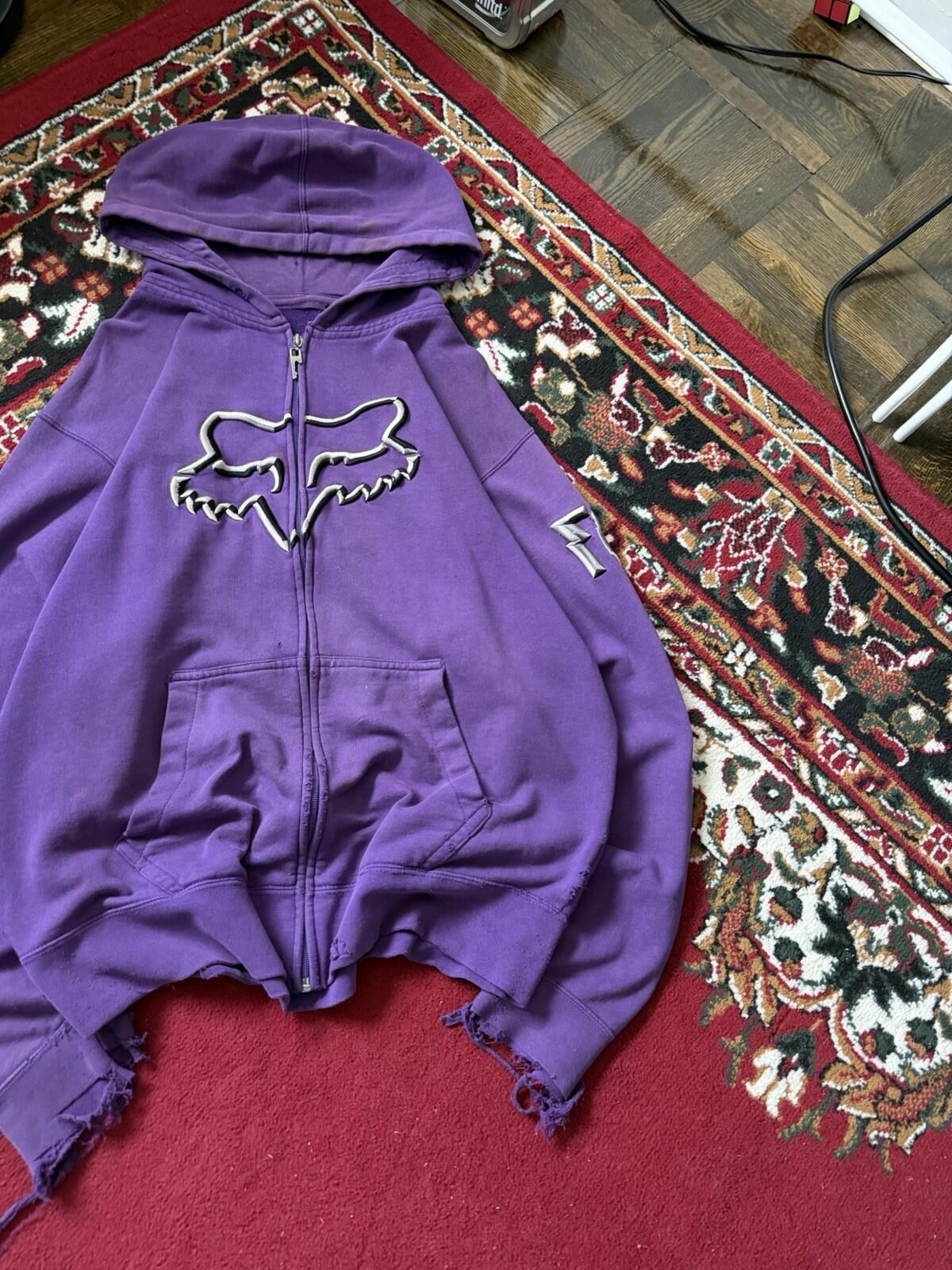 Trashed Fox Racing Full Zip Hoodie Size L Grunge Motocross Distressed Sweatshirt