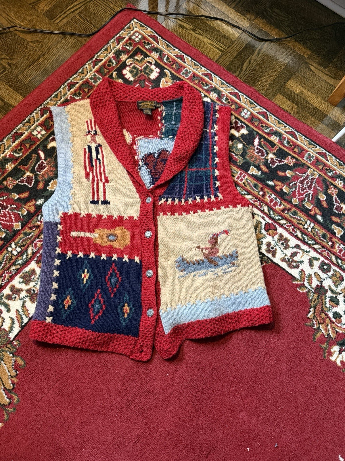 Vintage Eddie Bauer Sweater Vest Mens XL Wool Knit Patriotic Patchwork 90s USA