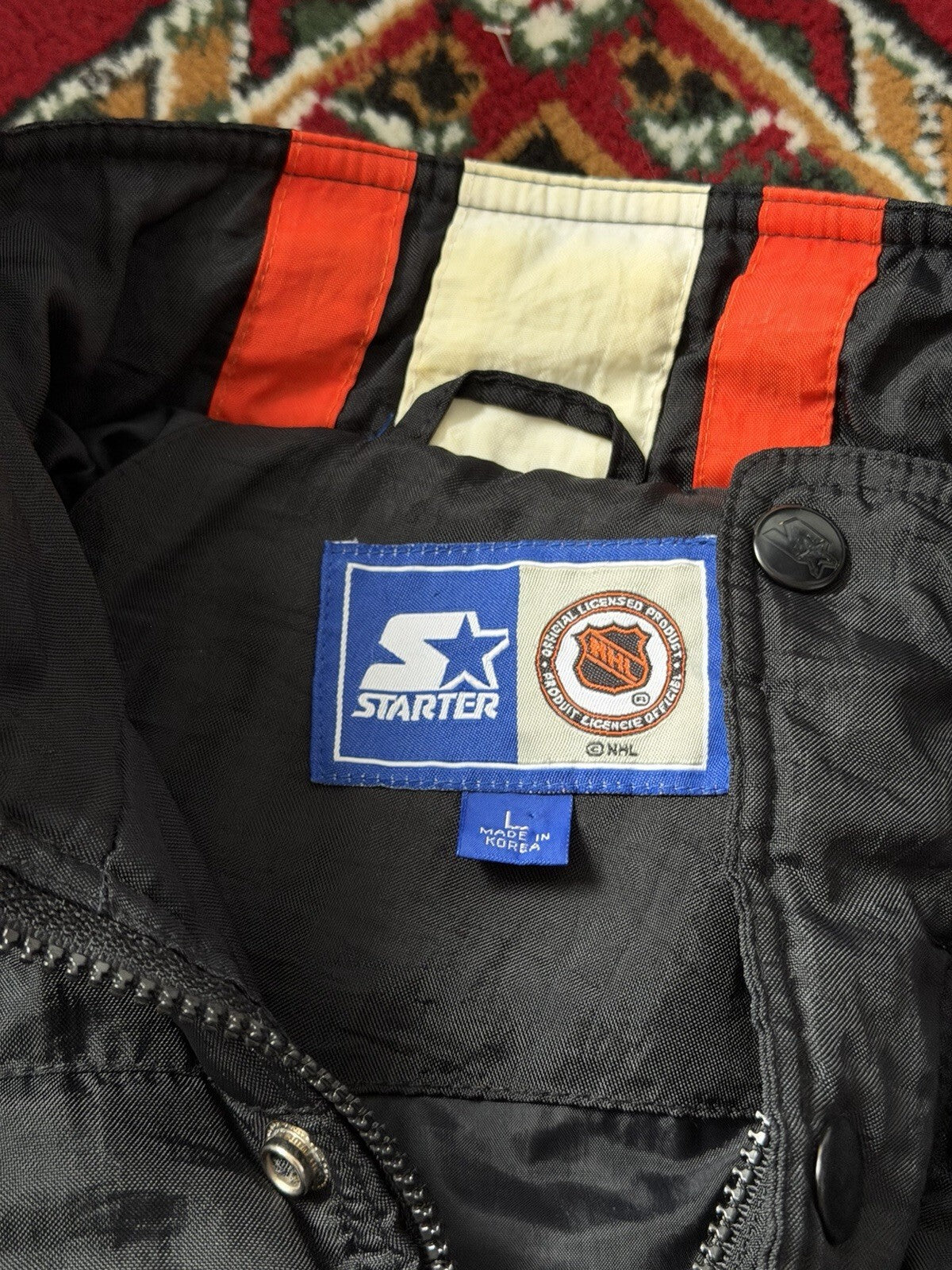 Vintage 90s Starter Philadelphia Flyers NHL Puffer Jacket Black Orange