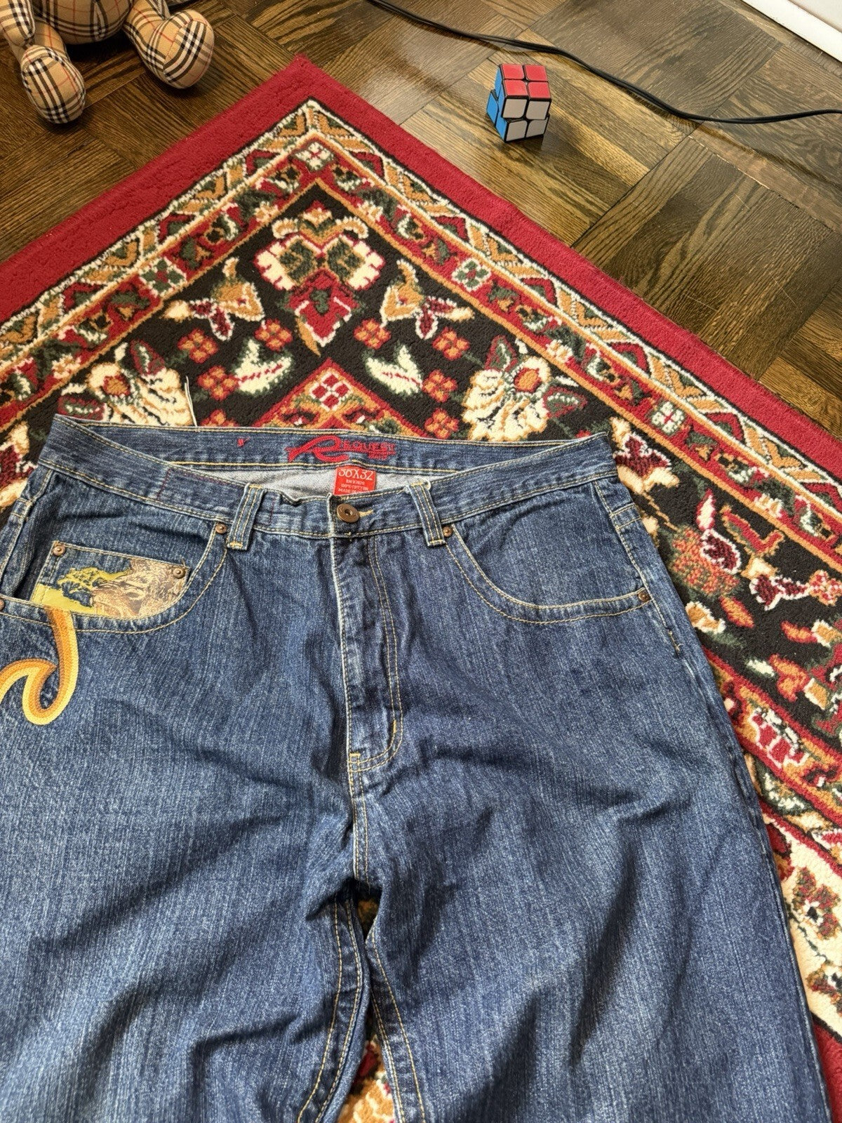 Vintage Request Lion Print Jeans Men 38/32 Blue Denim Embroidered Y2K 90s Skater