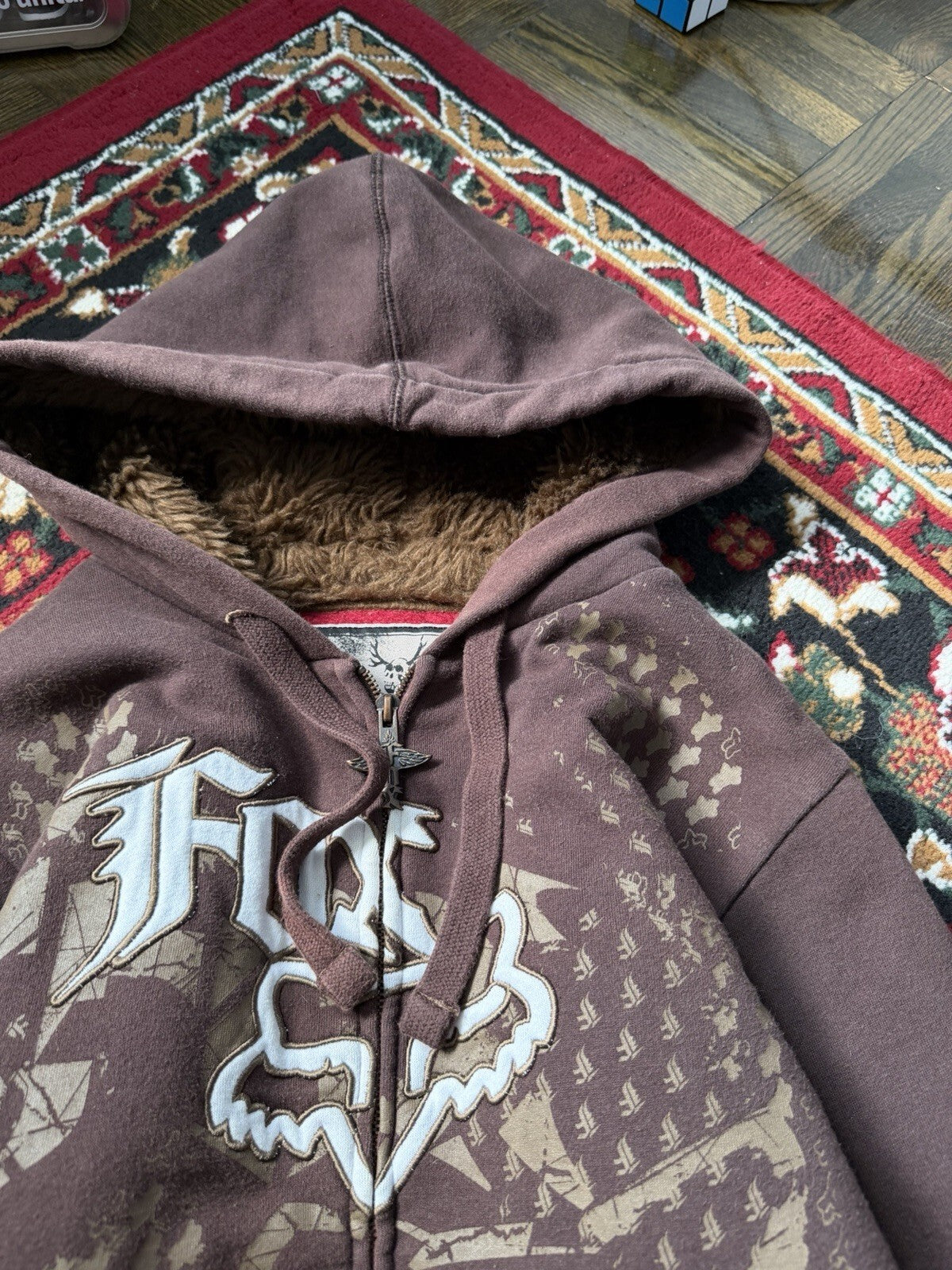Vtg Y2K Fox Racing Sasquatch Fur Lined Full Zip Hoodie Small Mocha Brown Jacket
