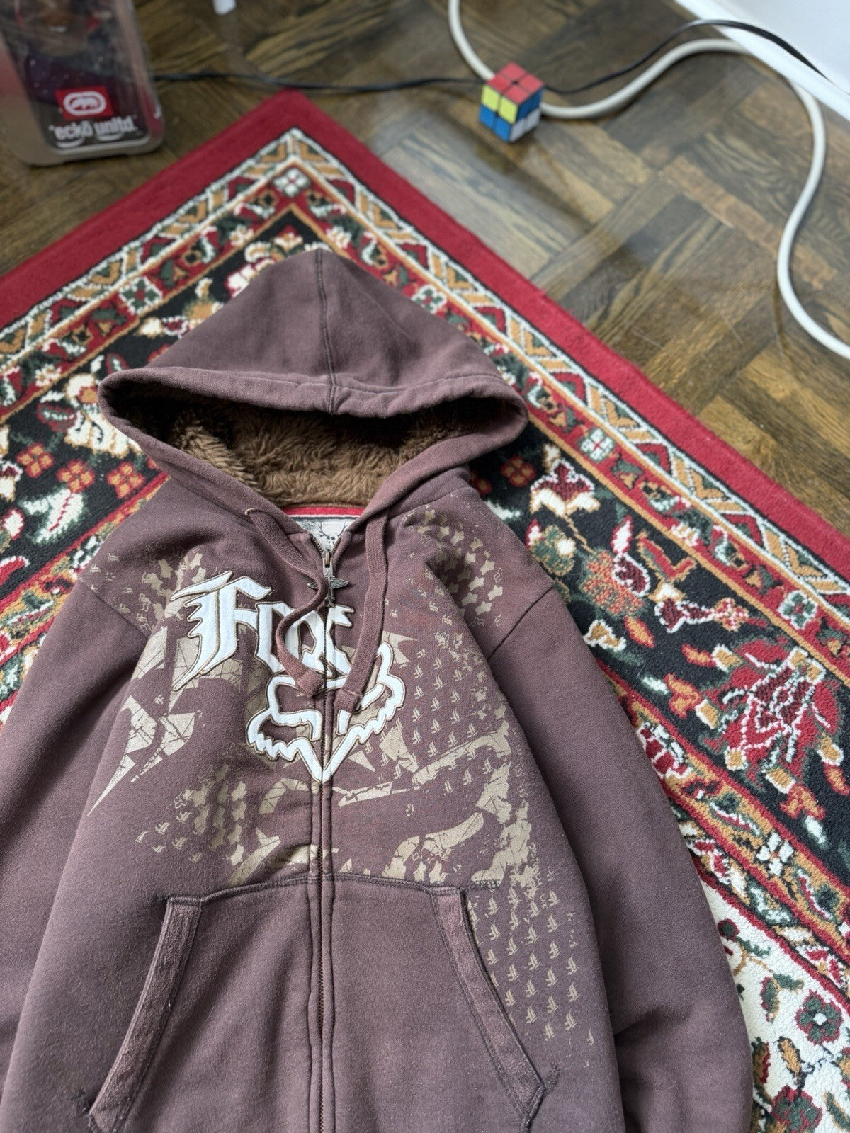 Vtg Y2K Fox Racing Sasquatch Fur Lined Full Zip Hoodie Small Mocha Brown Jacket