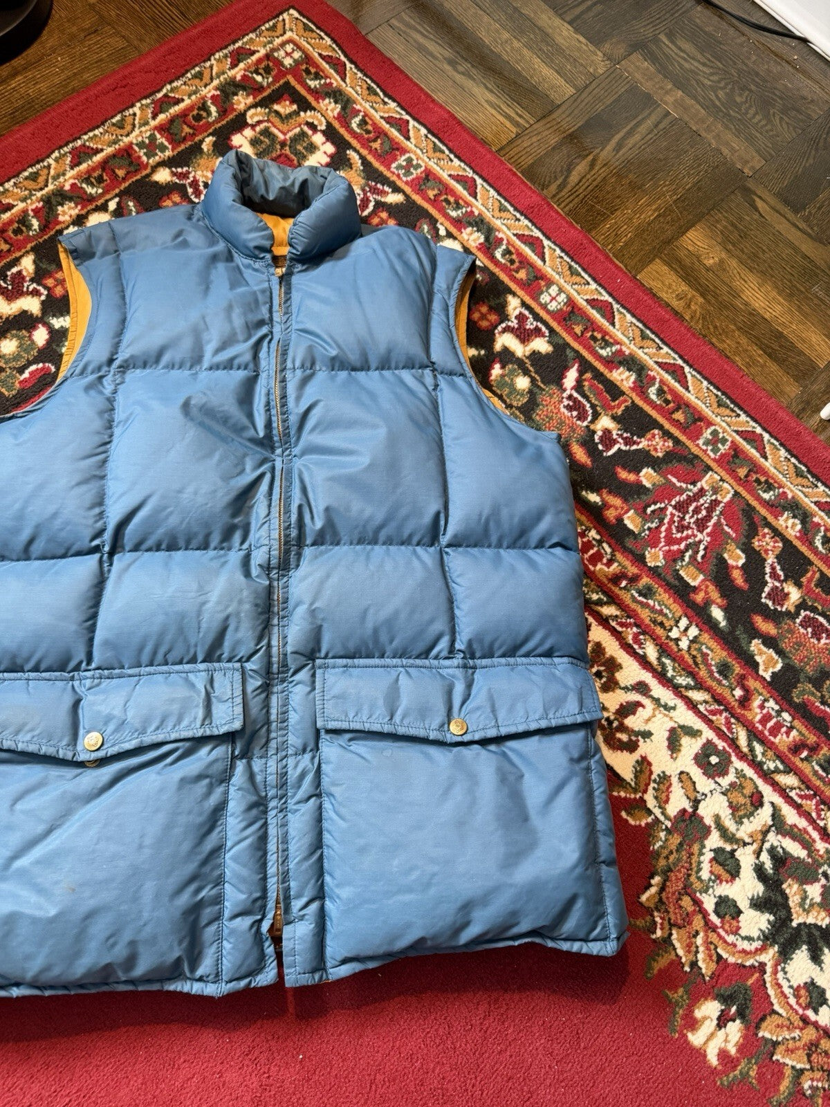 VTG 70s Eddie Bauer Goose Down Puffer Vest Blue Quilted Talon Zip Tan USA M