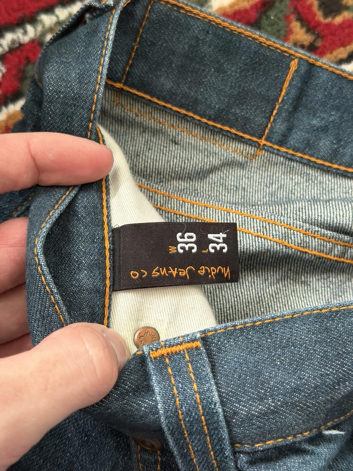 Nudie Grim Tim Organic Dry Greencast Button Fly 36 X 34 Jeans Vintage Blue