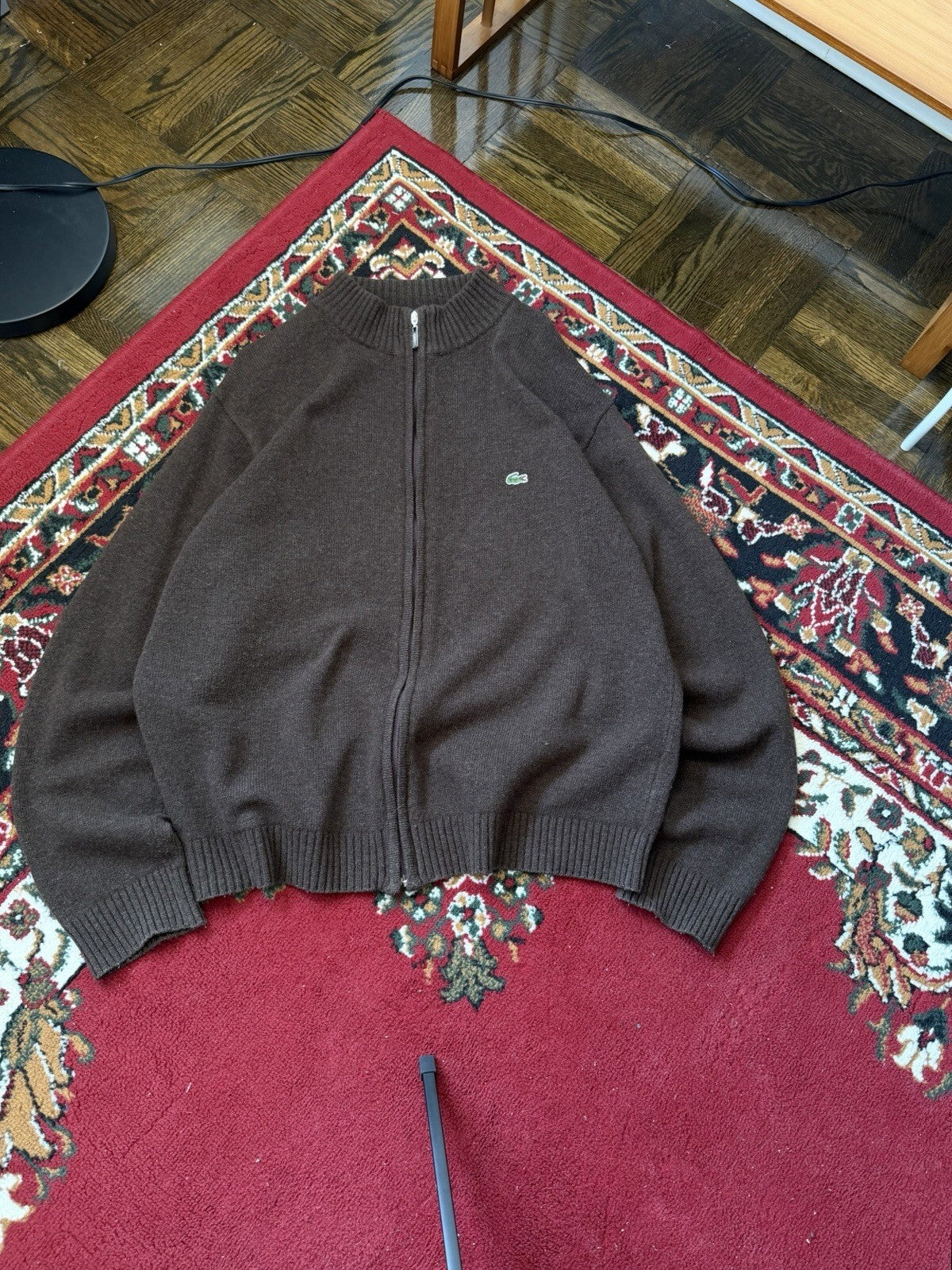 90s Lacoste Vintage Wool Mocha Brown Knit Full Zip Sweater Mens XL