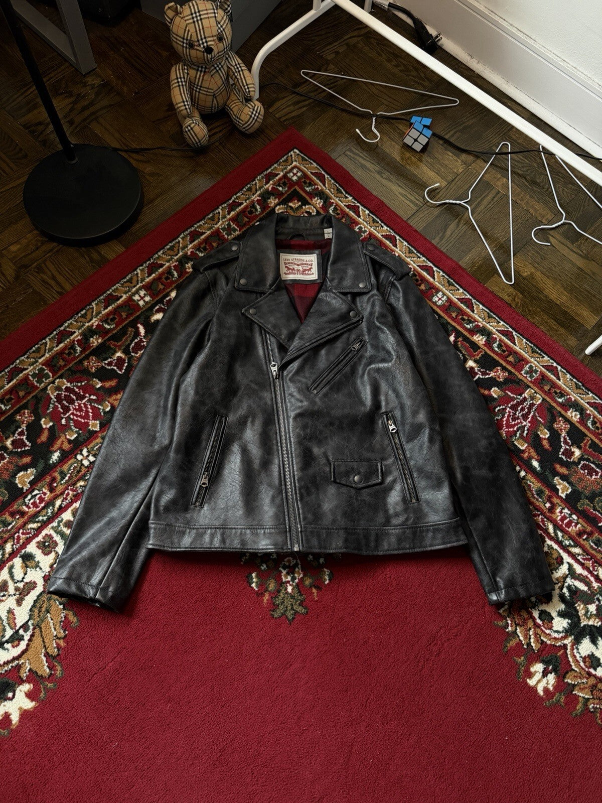 Levi’s Black Faux Leather Moto Jacket Men’s Large Biker USA Buffalo Plaid Lining