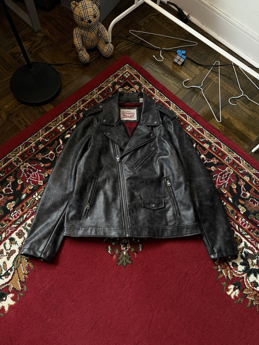 Levi’s Black Faux Leather Moto Jacket Men’s Large Biker USA Buffalo Plaid Lining