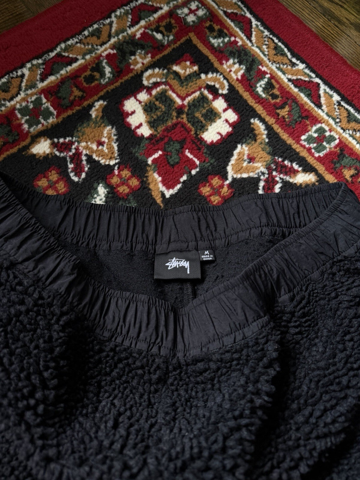 Stussy Sherpa Fleece Shorts Black Embroidered Logo Zipper Nylon Pocket