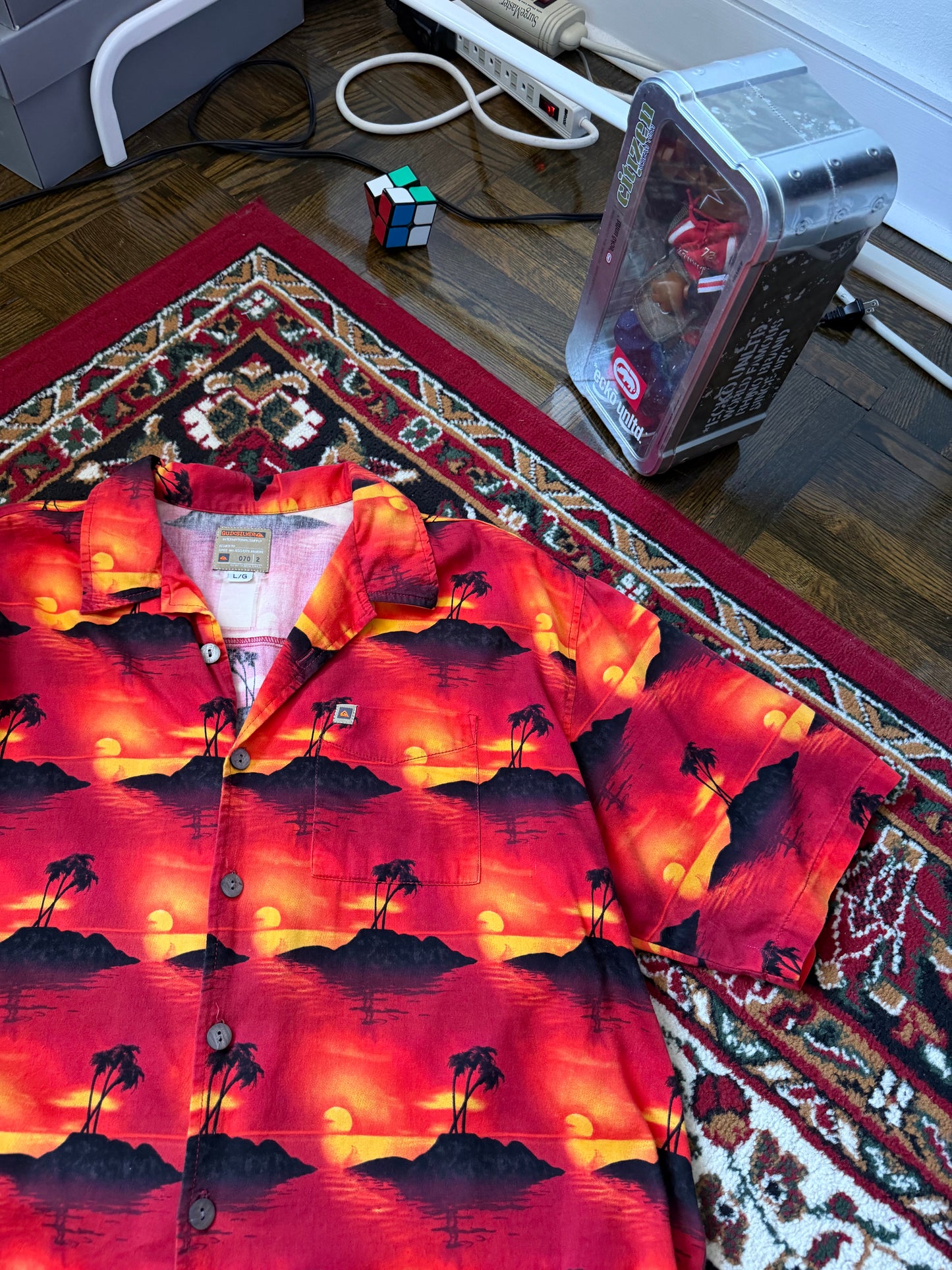 Vintage Quiksilver AOP Beach Sunset Button Up Tee / Tshirt