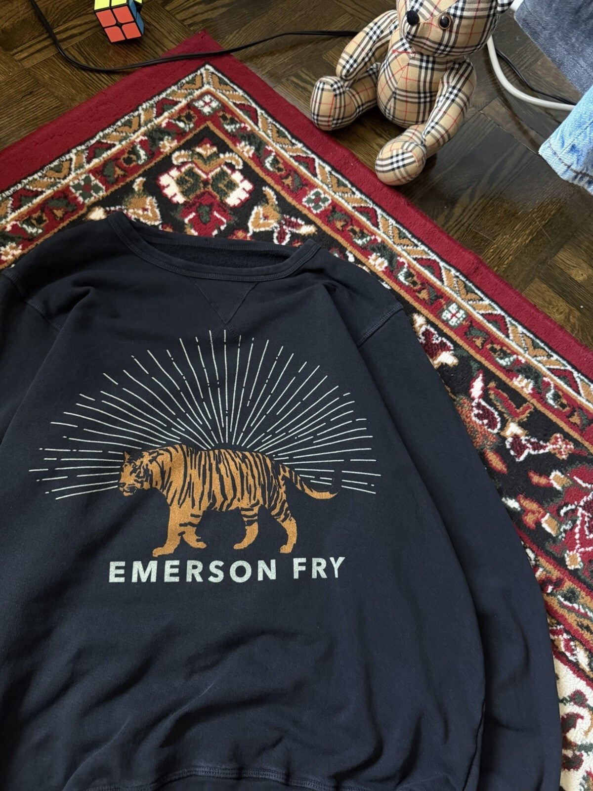 Emerson Fry Sweatshirt Womens Medium Black French Terry Crewneck Tiger USA Made